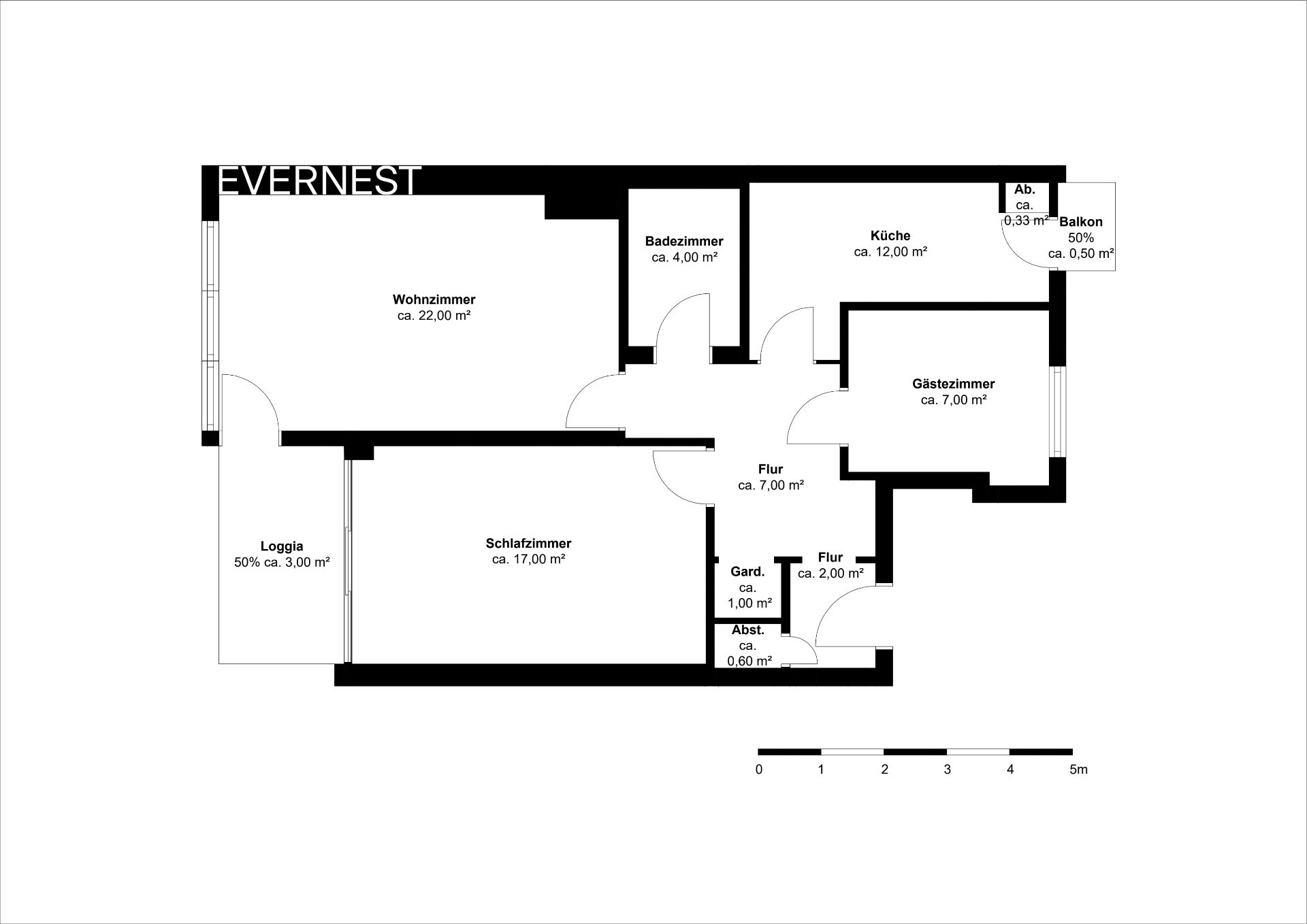 Grundriss einer Wohnung mit Wohnzimmer, Schlafzimmer, Küche, Bad, Gästezimmer, Loggia und Fluren.
