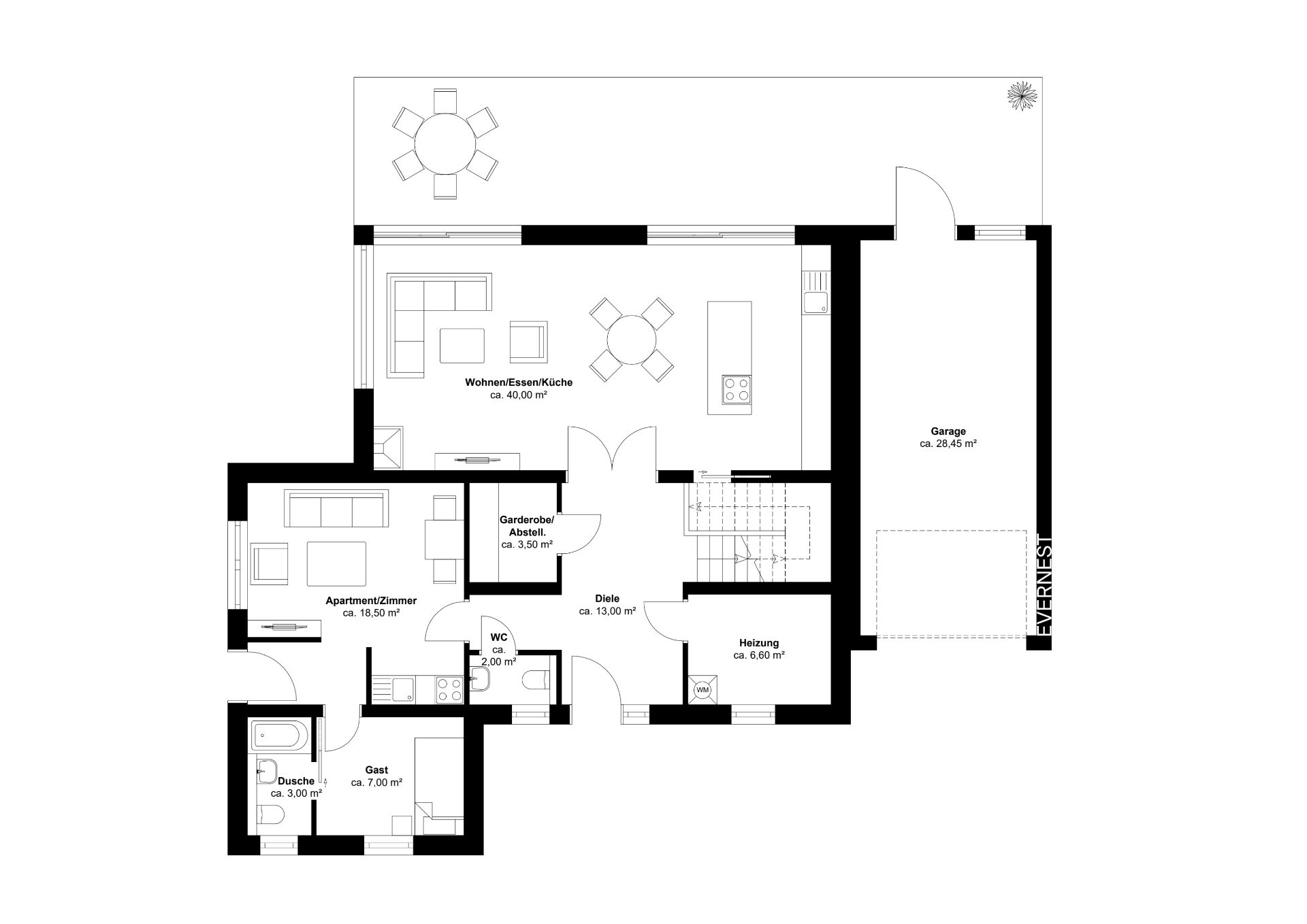 Grundriss eines Wohnhauses mit Wohnbereich, Küche, Gästezimmer, Bad und Garage.