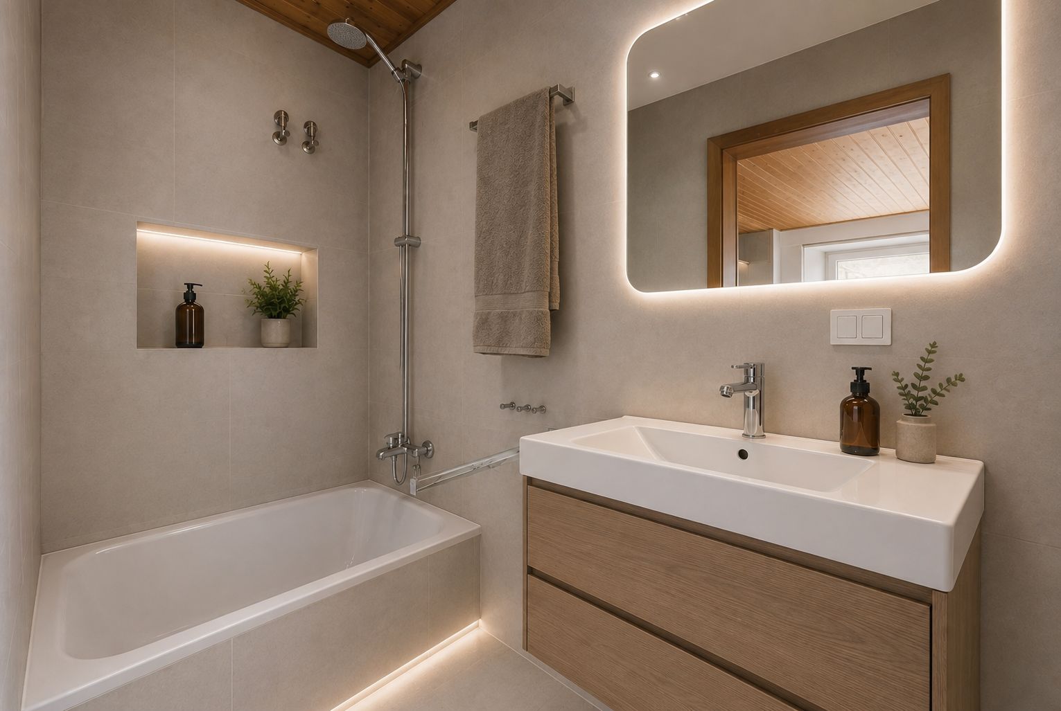 Modernes Badezimmer mit Badewanne, beleuchtetem Spiegel und Holzmöbeln.