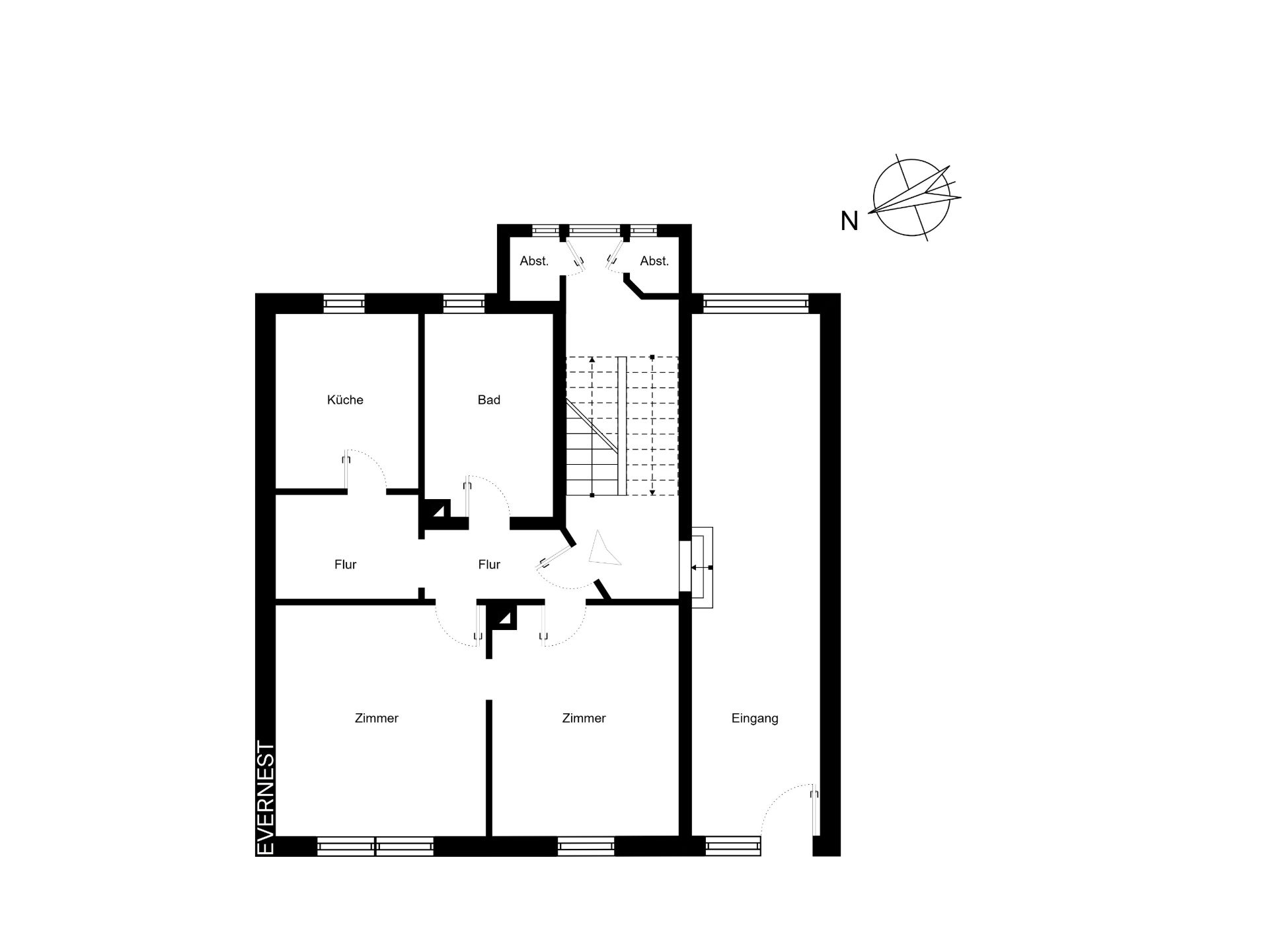 Schwarz-weißer Grundriss mit Küche, Bad, zwei Zimmern, Flur, Abstellräumen und Eingang.