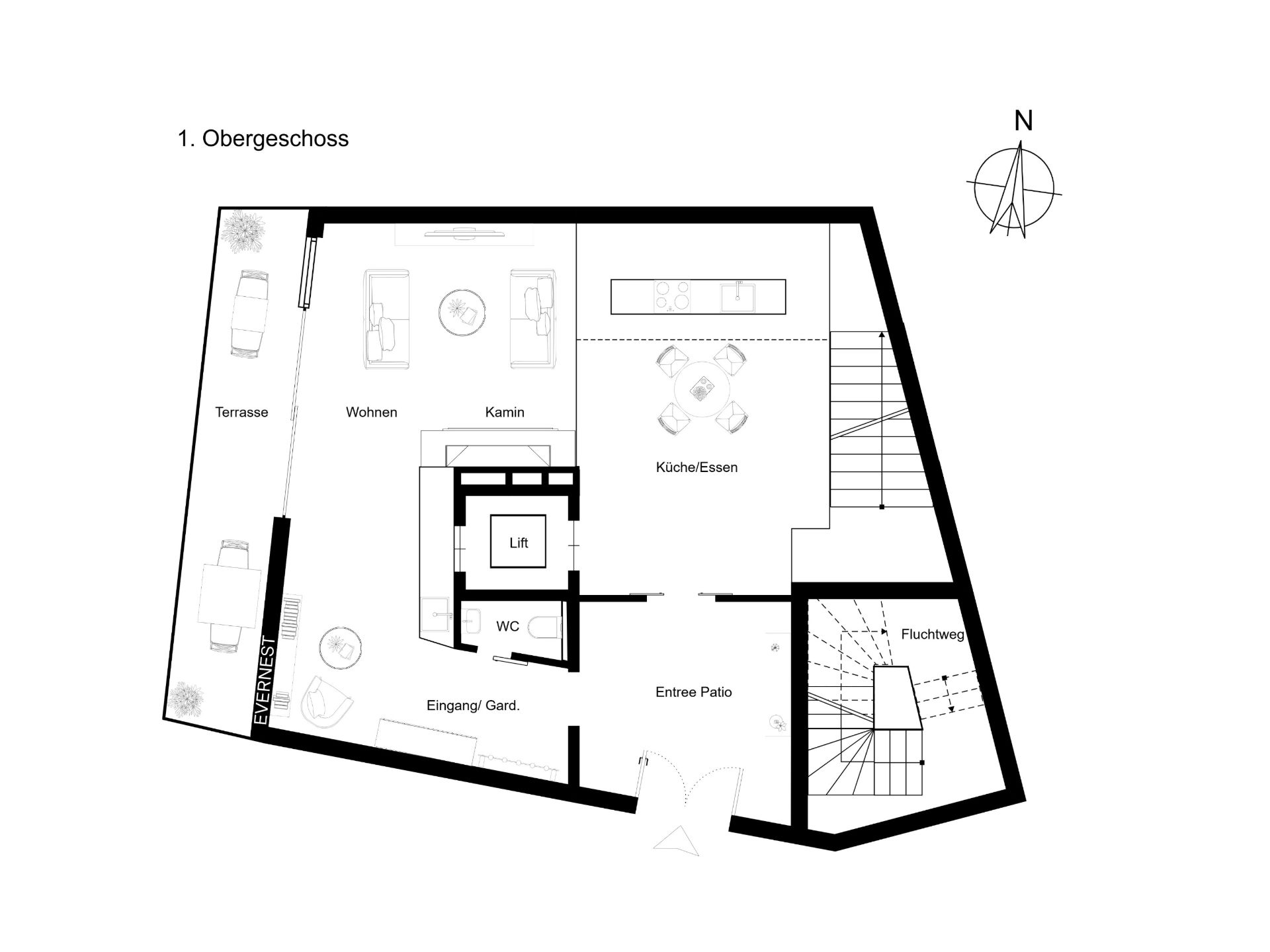 Grundriss des ersten Obergeschosses mit Terrasse, Wohnzimmer, Küche, Lift und Treppe.