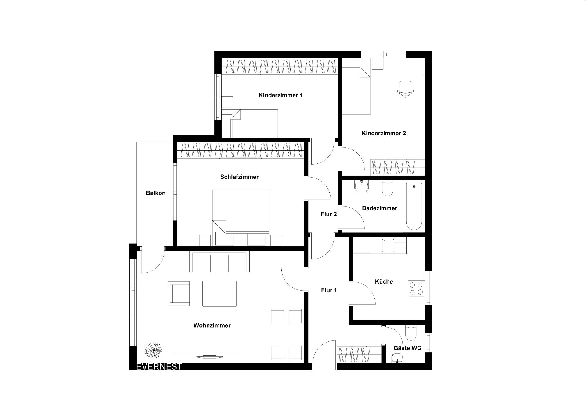 Grundriss einer Wohnung mit Wohnzimmer, Schlafzimmer, zwei Kinderzimmern, Küche, Bad und Balkon.