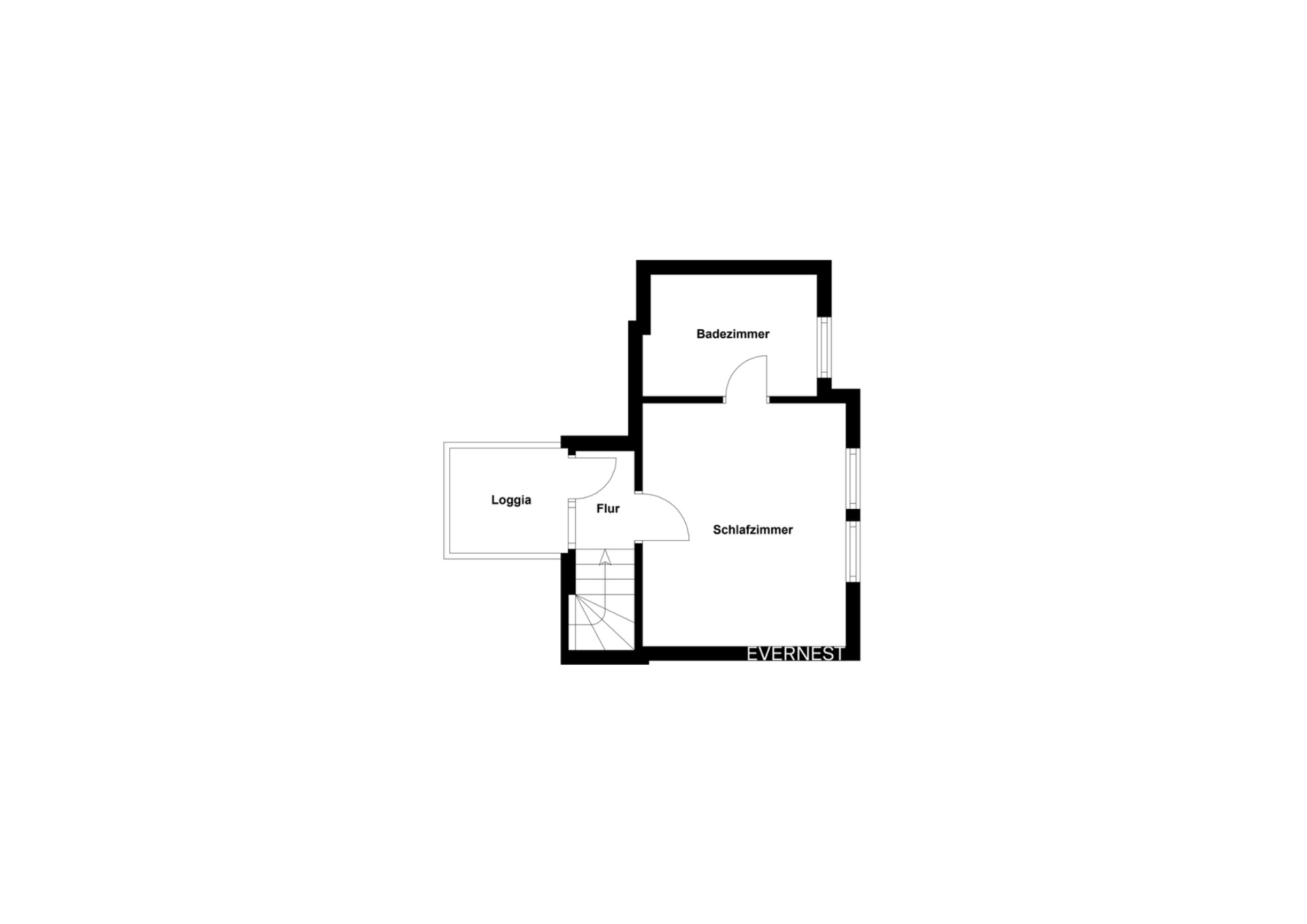 Grundriss mit Schlafzimmer, Badezimmer, Flur, Treppe und Loggia.