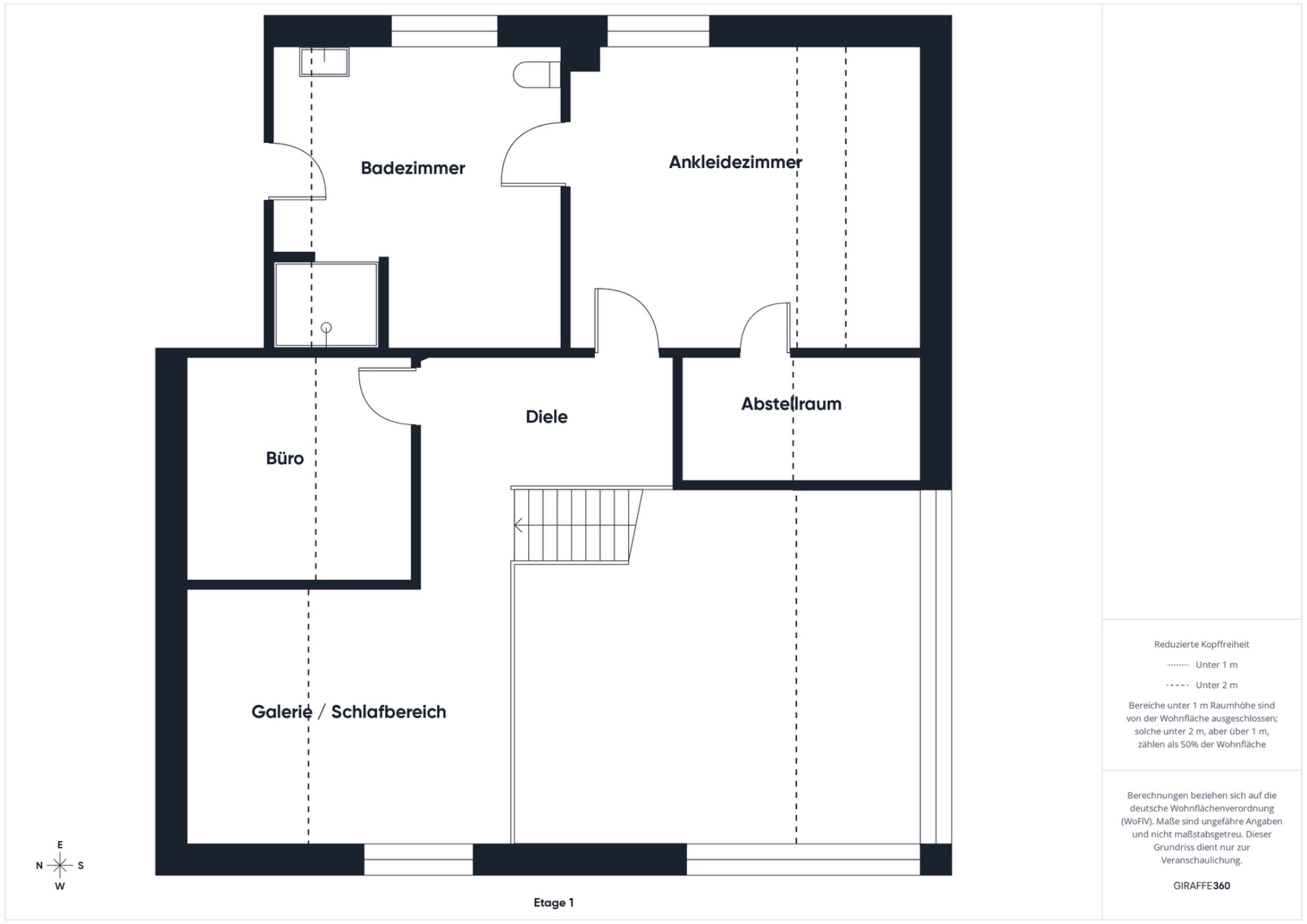 Grundriss einer Etage mit Badezimmer, Ankleidezimmer, Büro, Abstellraum und Galerie/Schlafbereich.