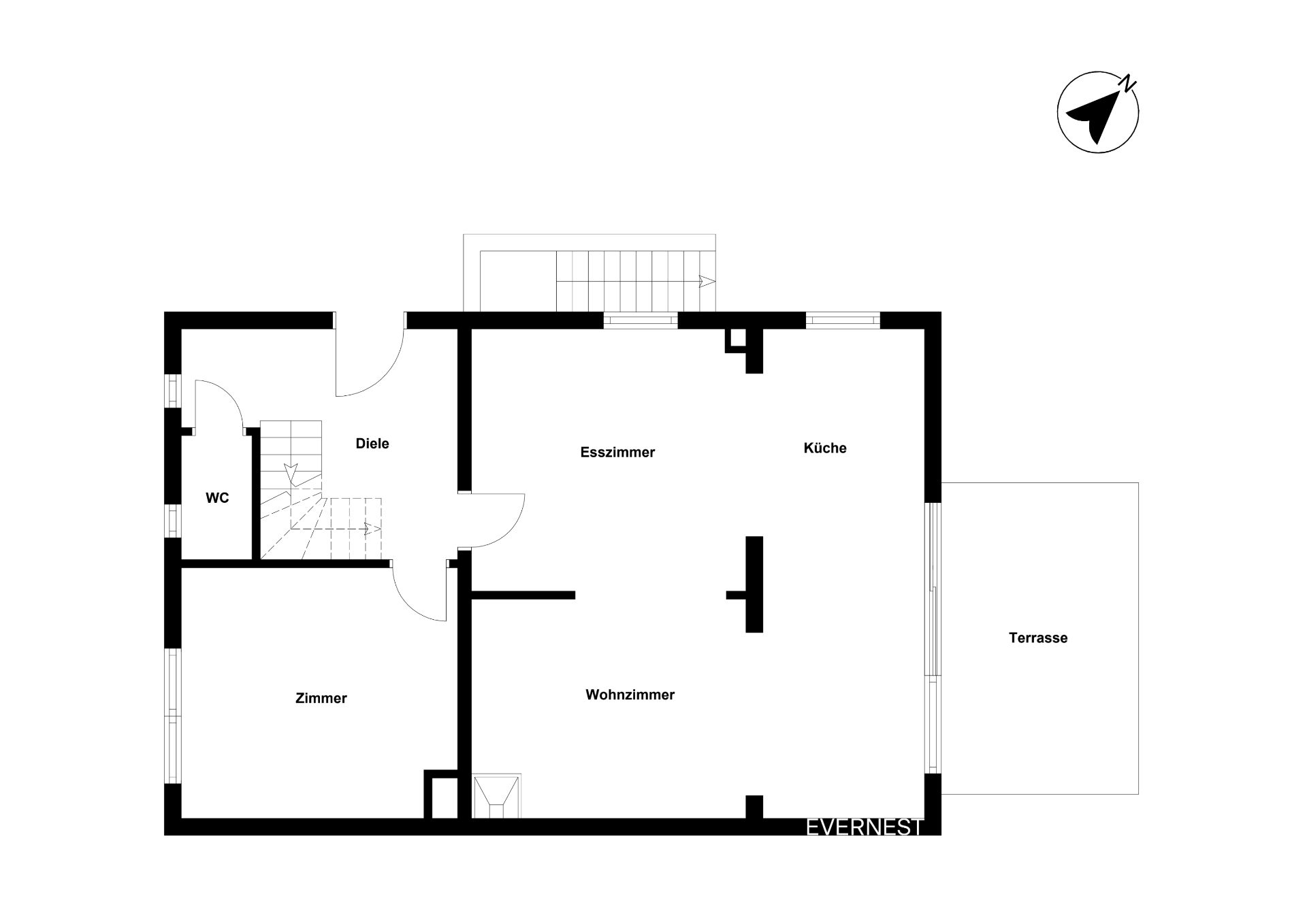 Grundriss eines Hauses mit Küche, Esszimmer, Wohnzimmer, Zimmer, WC und Terrasse.