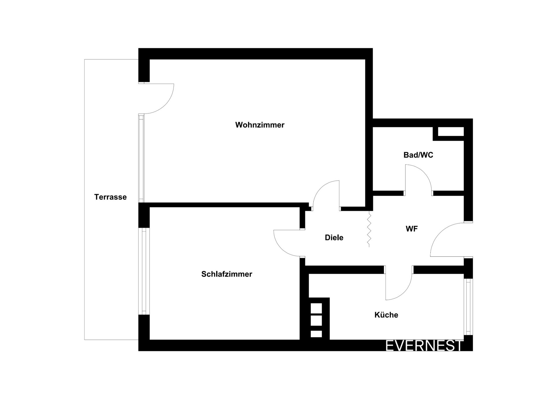 Grundriss einer Wohnung mit Wohnzimmer, Schlafzimmer, Küche, Bad, Diele und Terrasse.
