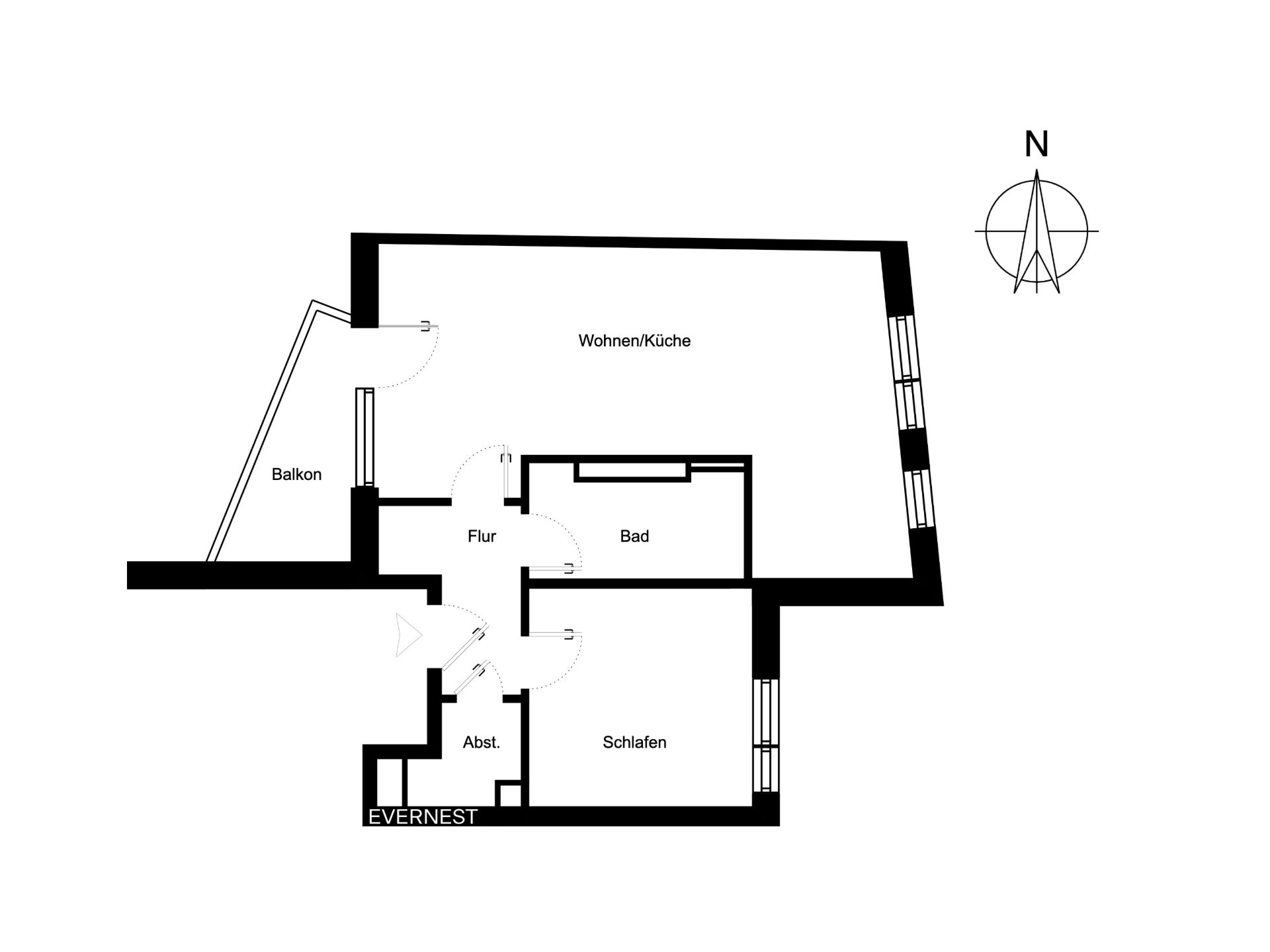 Grundriss einer Wohnung mit Wohnküche, Schlafzimmer, Bad, Flur, Abstellraum und Balkon.