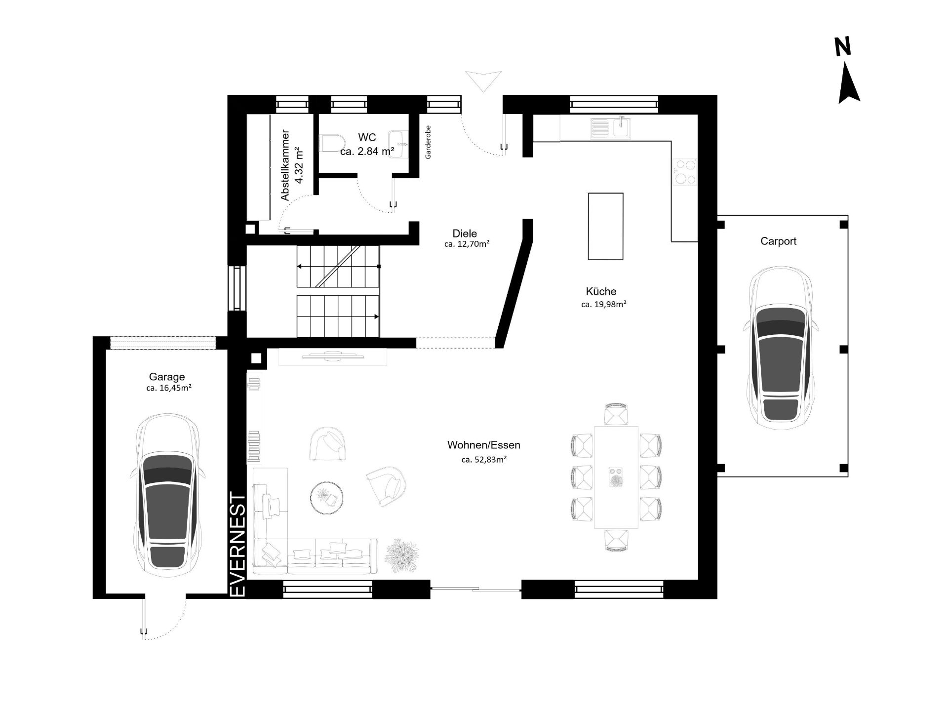 Grundriss mit Garage, Carport, Küche, Wohn-/Essbereich, WC und Abstellraum.