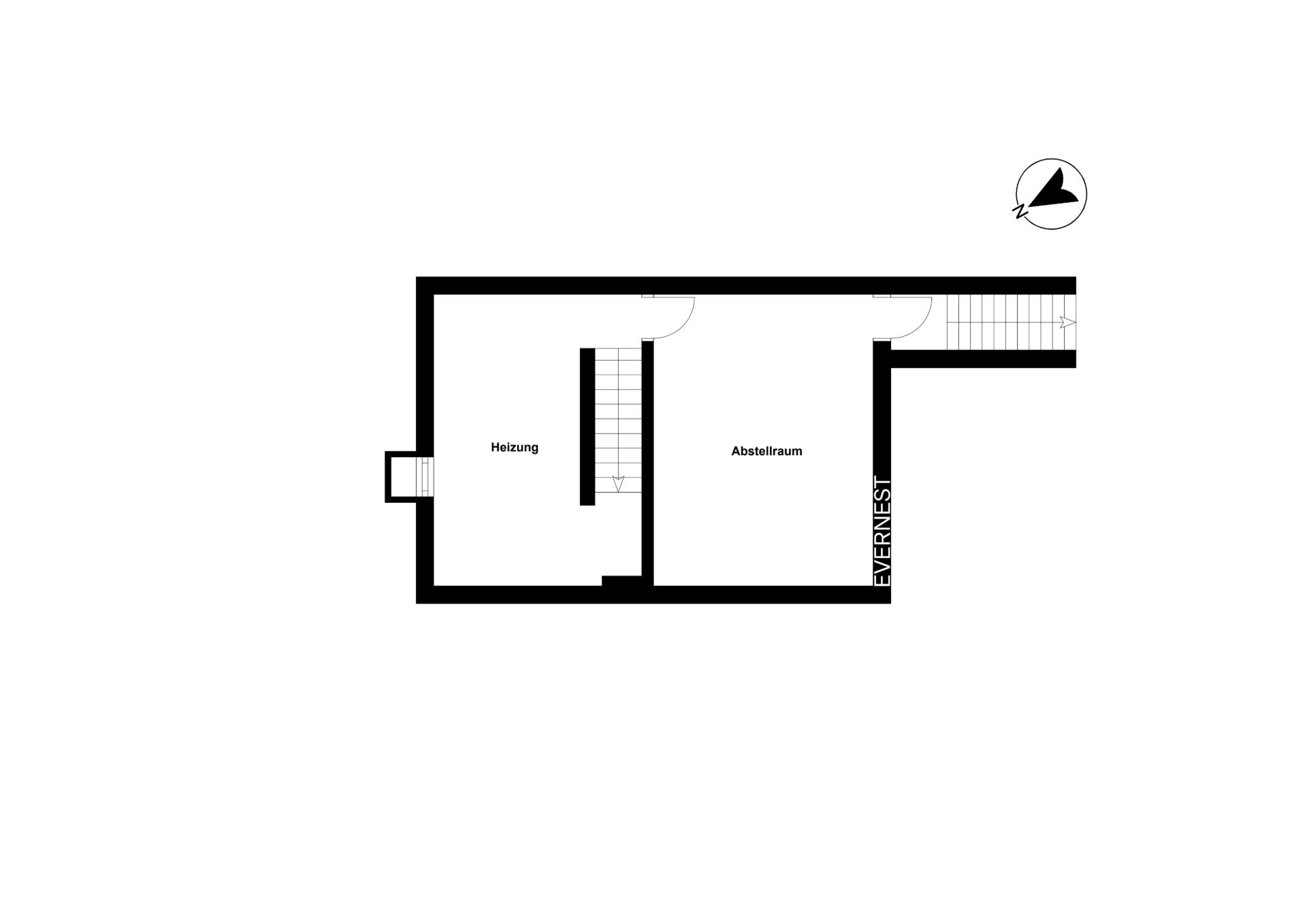 Grundriss mit zwei Räumen: Heizung und Abstellraum, sowie einer Treppe.