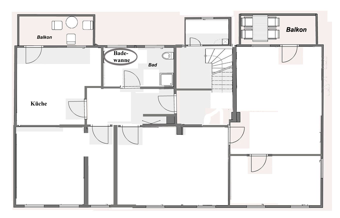 Grundriss einer Wohnung mit zwei Balkonen, Küche, Bad und mehreren Zimmern.