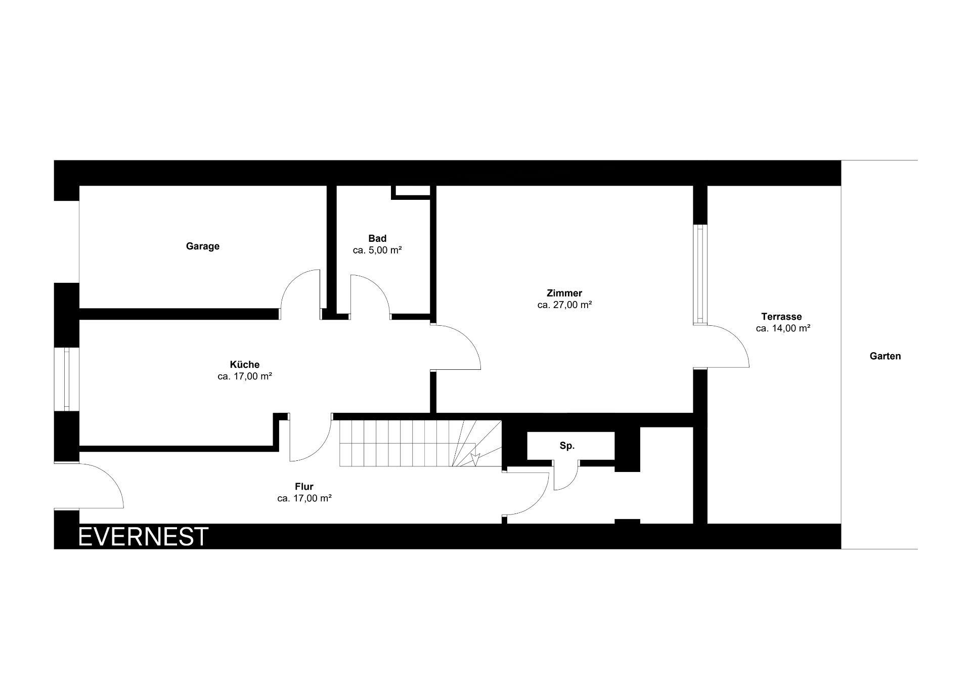 Grundriss mit Garage, Küche, Bad, Flur, Zimmer, Terrasse und Abstellraum.