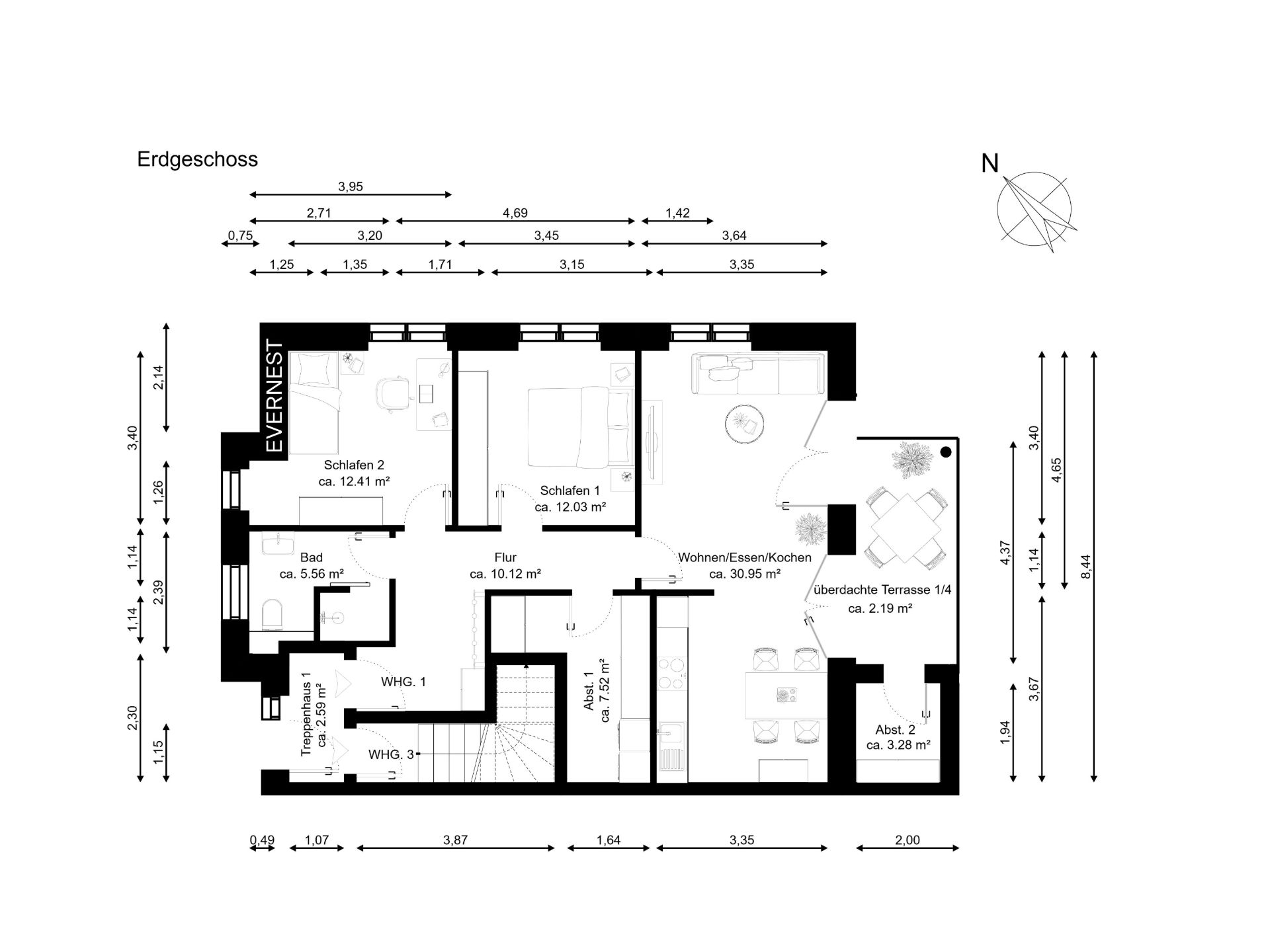 Grundriss einer Wohnung mit zwei Schlafzimmern, Bad, Flur, Wohnbereich, Küche und Terrasse.