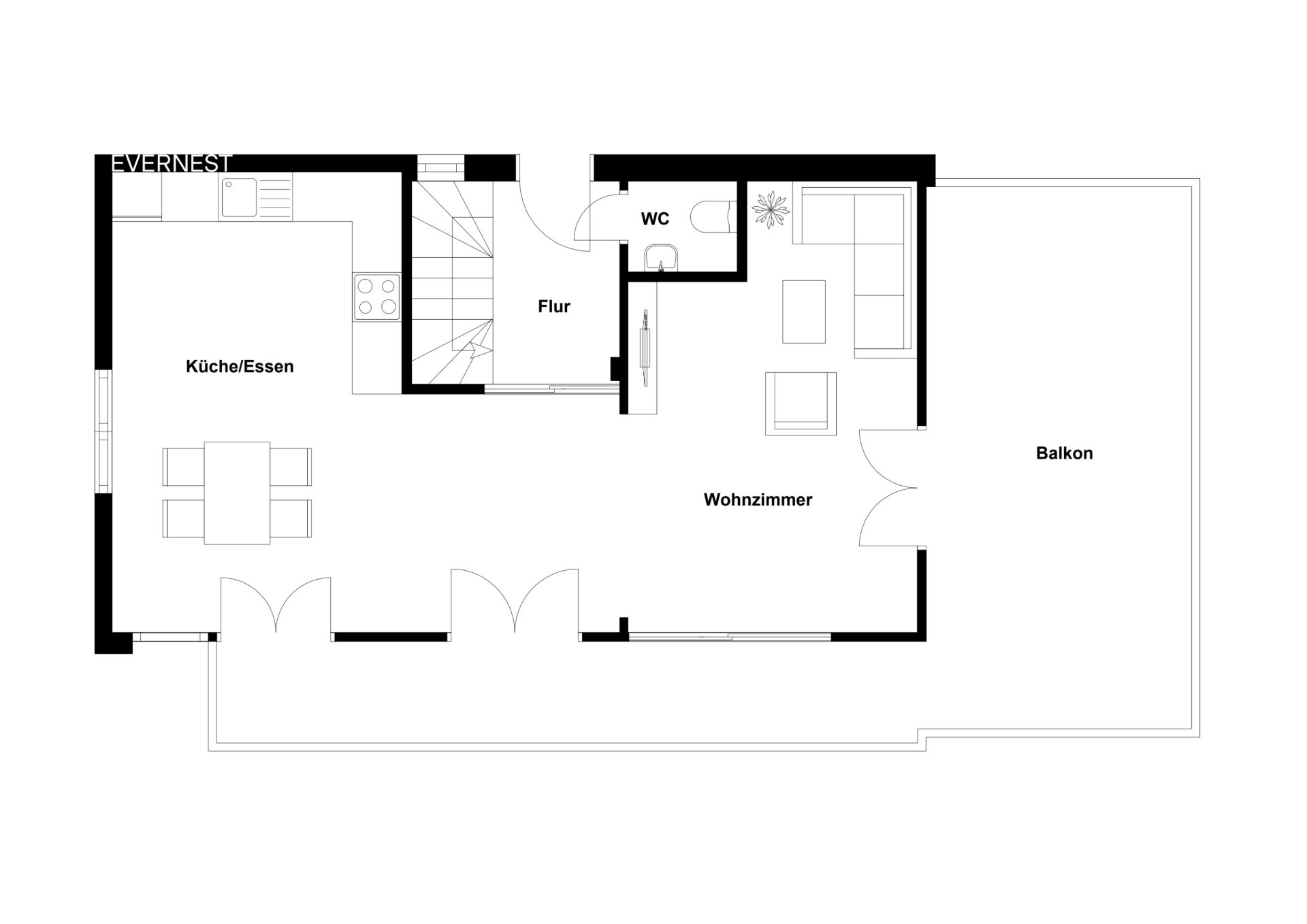 Grundriss einer Wohnung mit Küche, Wohnzimmer, WC, Flur und großem Balkon.