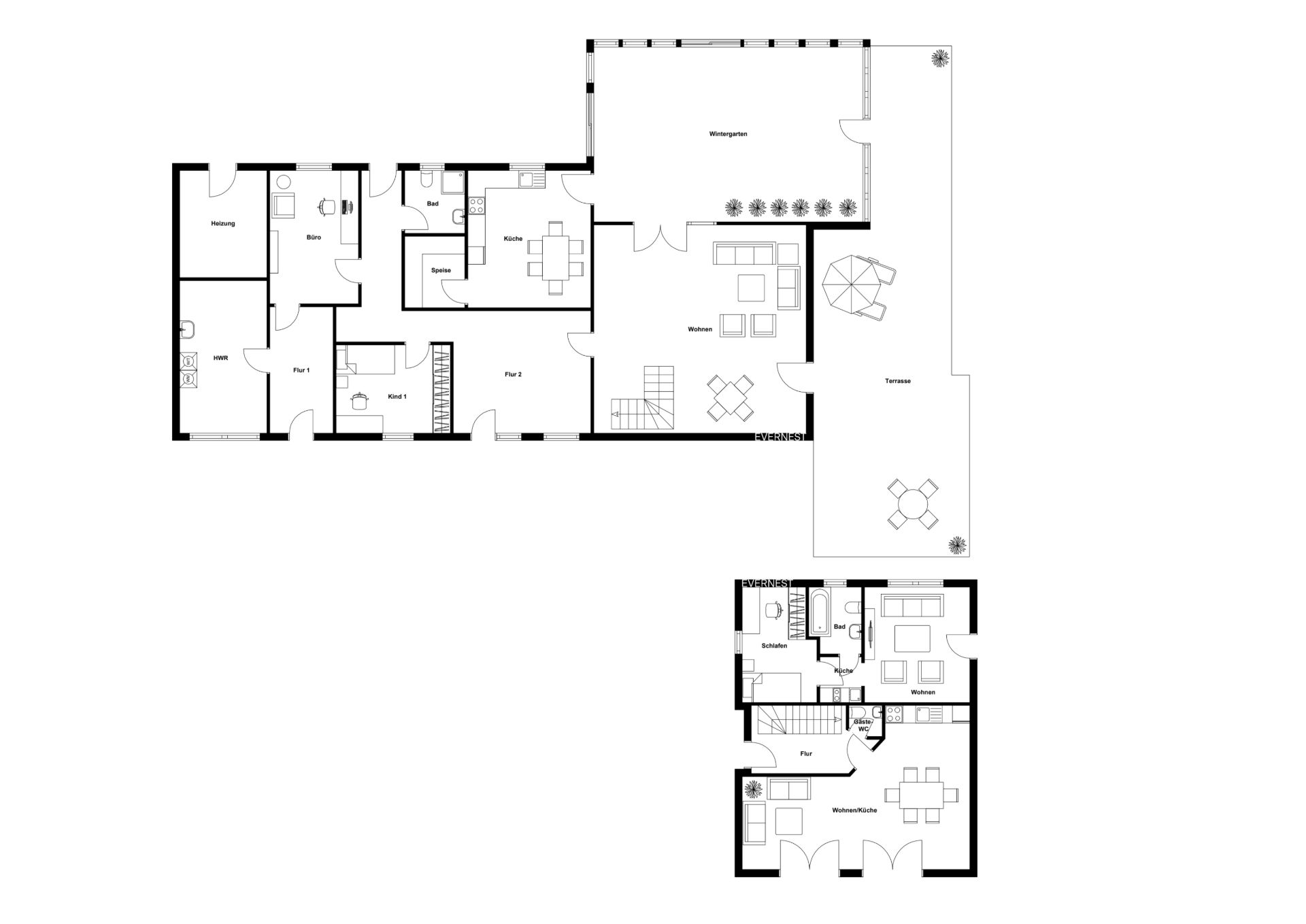 Grundriss eines Wohnhauses mit mehreren Zimmern, Küche, Wohnbereich und Terrasse.