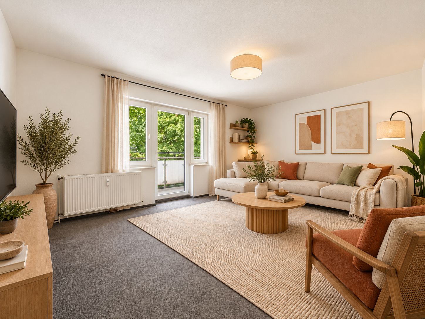 Helles Wohnzimmer mit Sofa, Sessel, Couchtisch, Teppich und großen Fenstern mit Blick ins Grüne.
