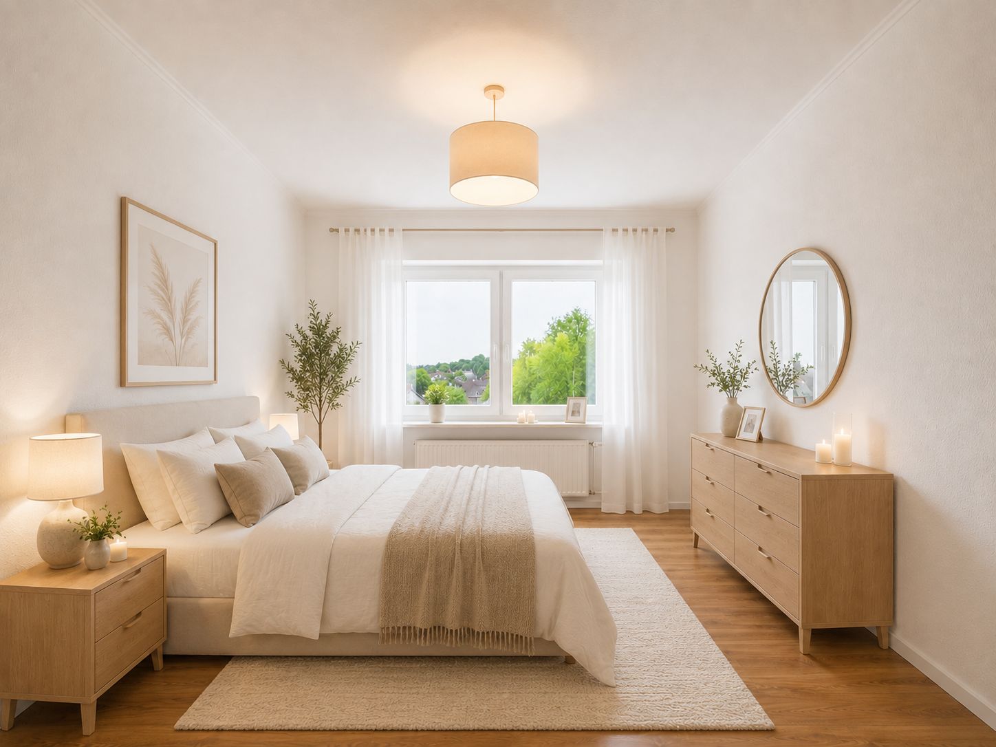 Helles Schlafzimmer mit großem Bett, Holzmöbeln, Fenster und Dekoration mit Pflanzen.