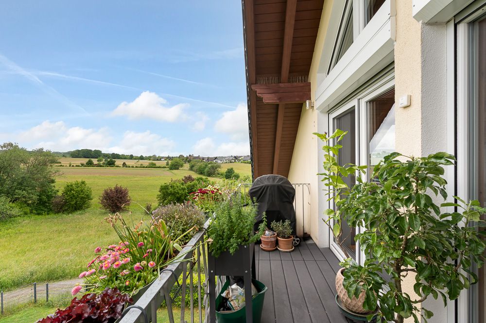 Balkon mit Pflanzen, Blumenkästen und Blick auf grüne Wiesen unter blauem Himmel.