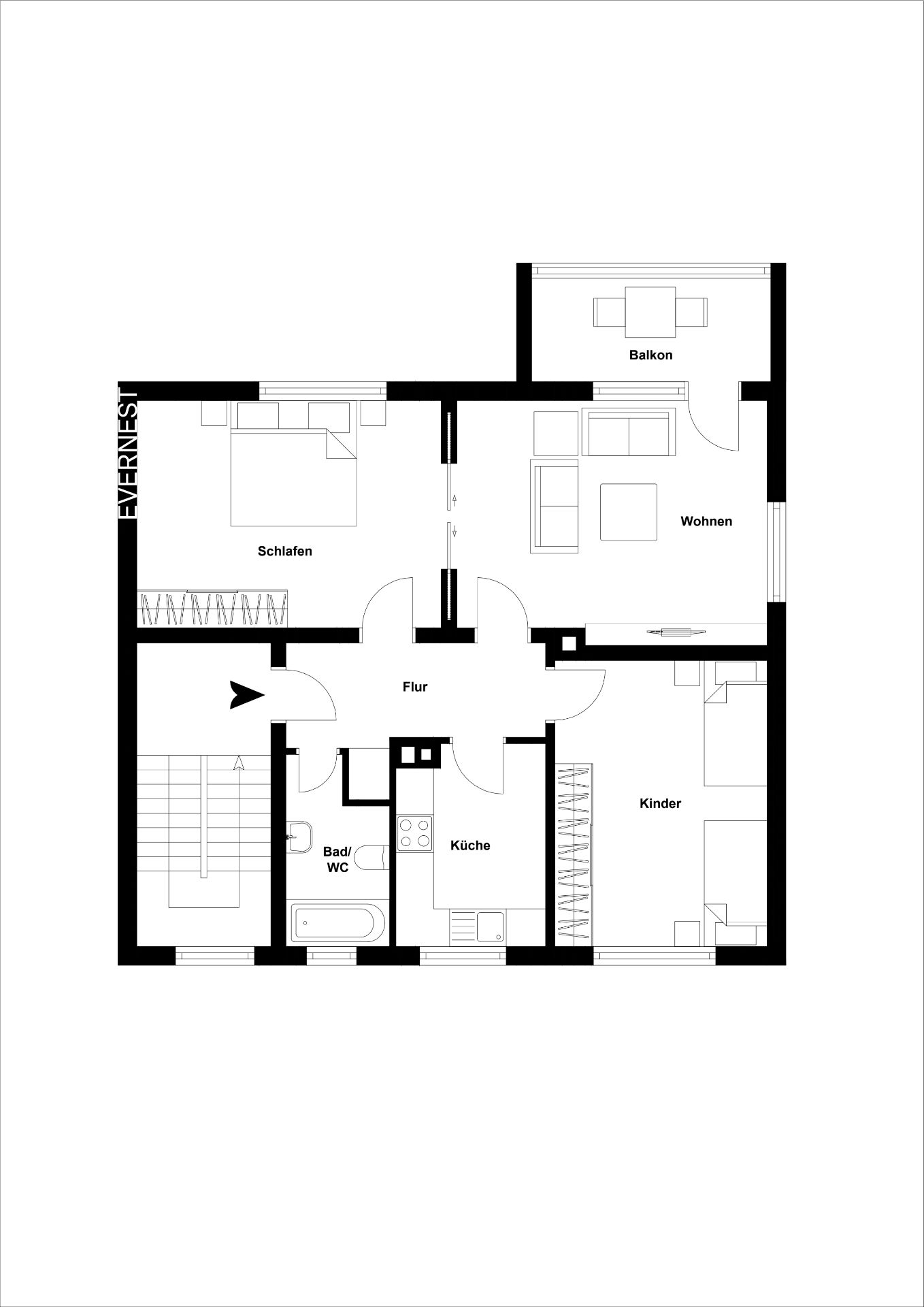 Grundriss einer Wohnung mit Schlafzimmer, Kinderzimmer, Wohnzimmer, Balkon, Bad, Küche und Flur.