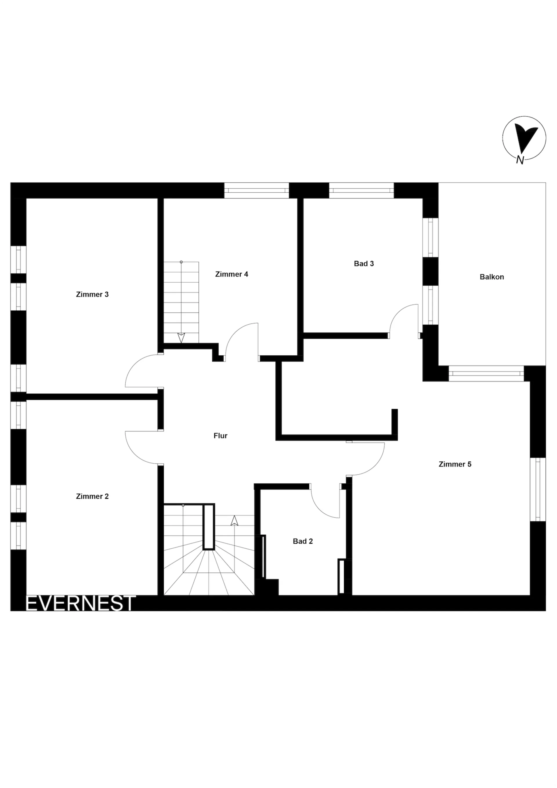 Grundriss mit Flur, drei Zimmern, zwei Bädern und Balkon.