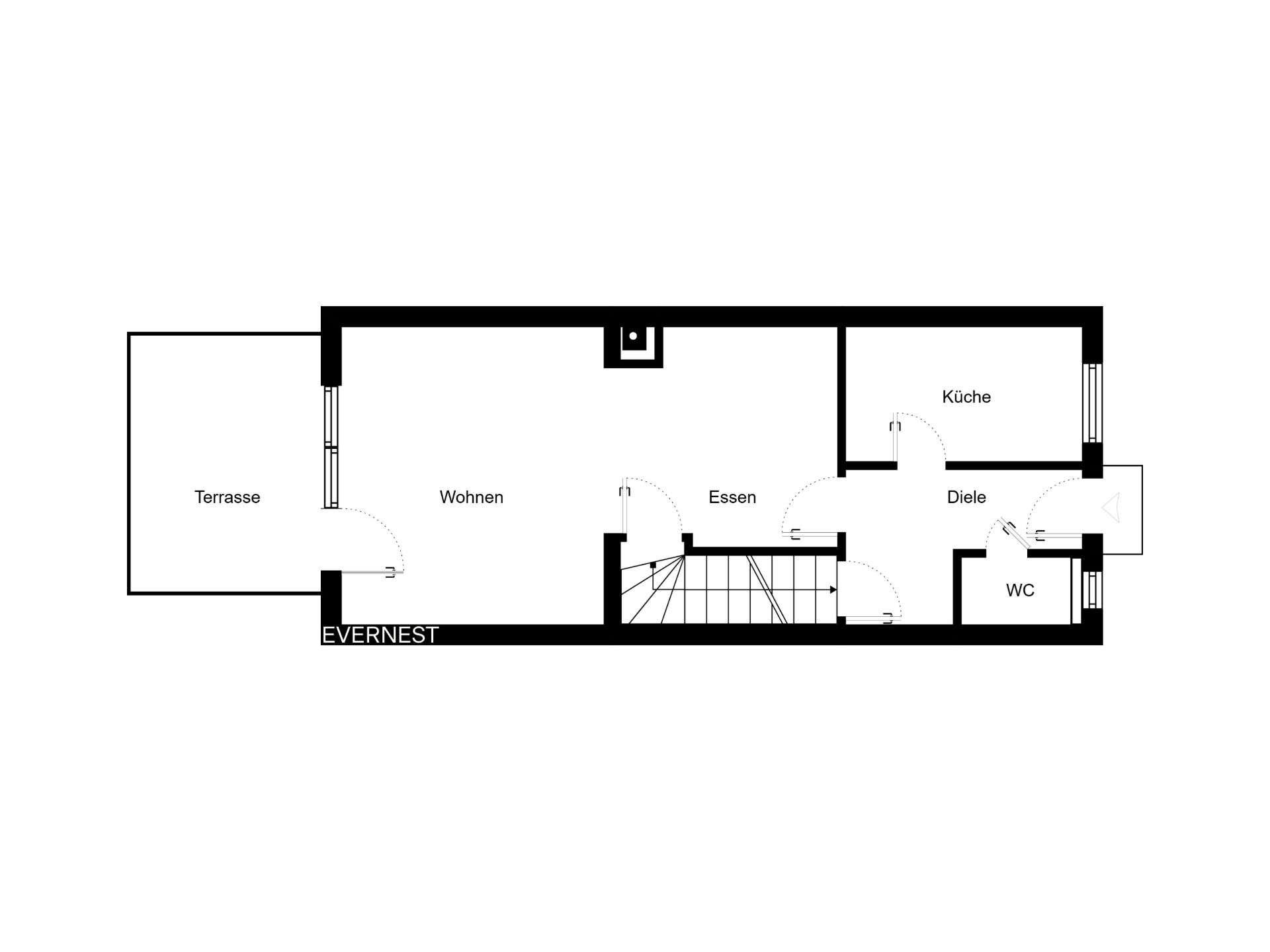 Grundriss mit Terrasse, Wohnzimmer, Essbereich, Küche, Diele, WC und Treppe.