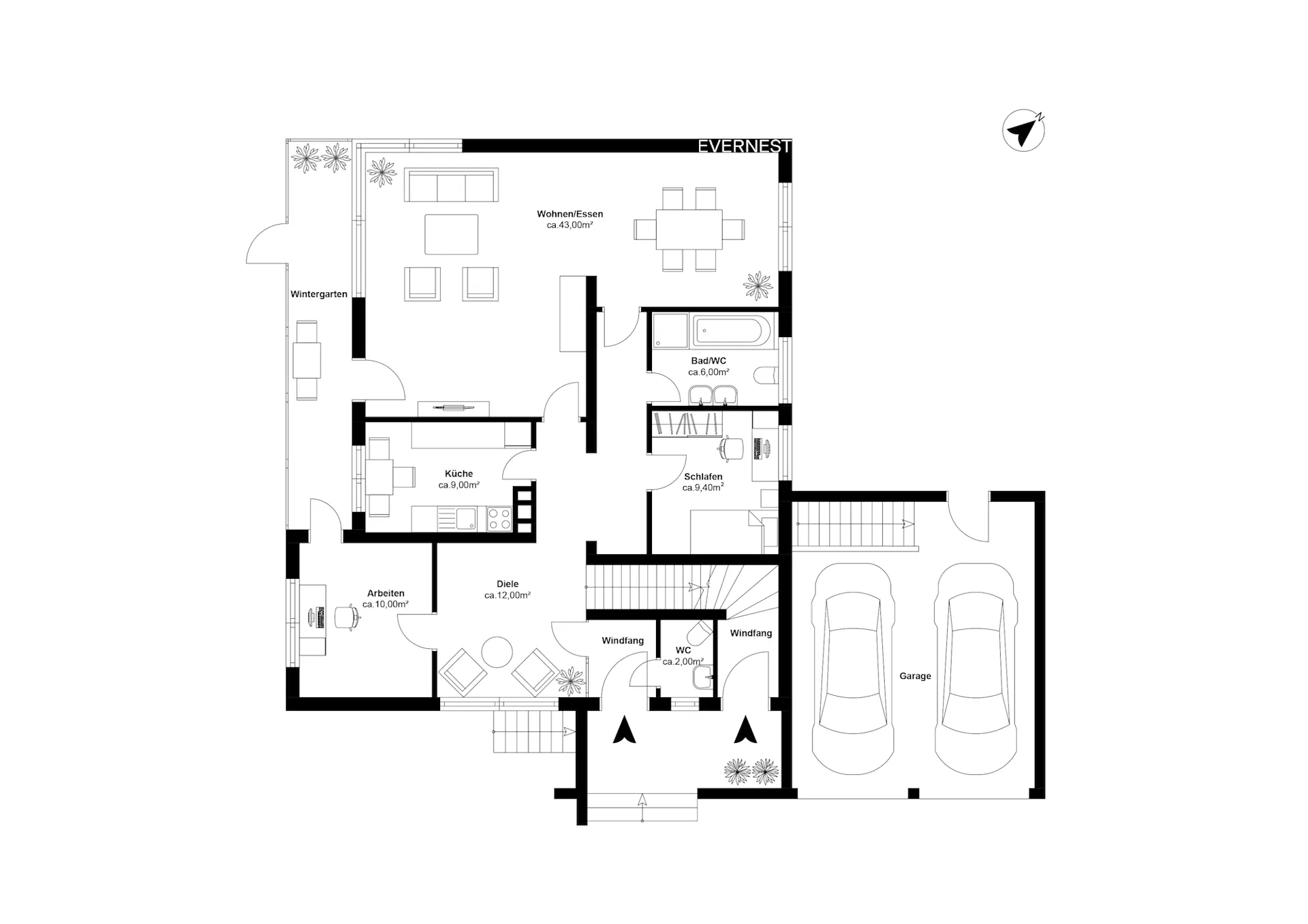 Grundriss eines Hauses mit Wohnbereich, Küche, Bad, Schlafzimmer, Arbeitszimmer und Garage.