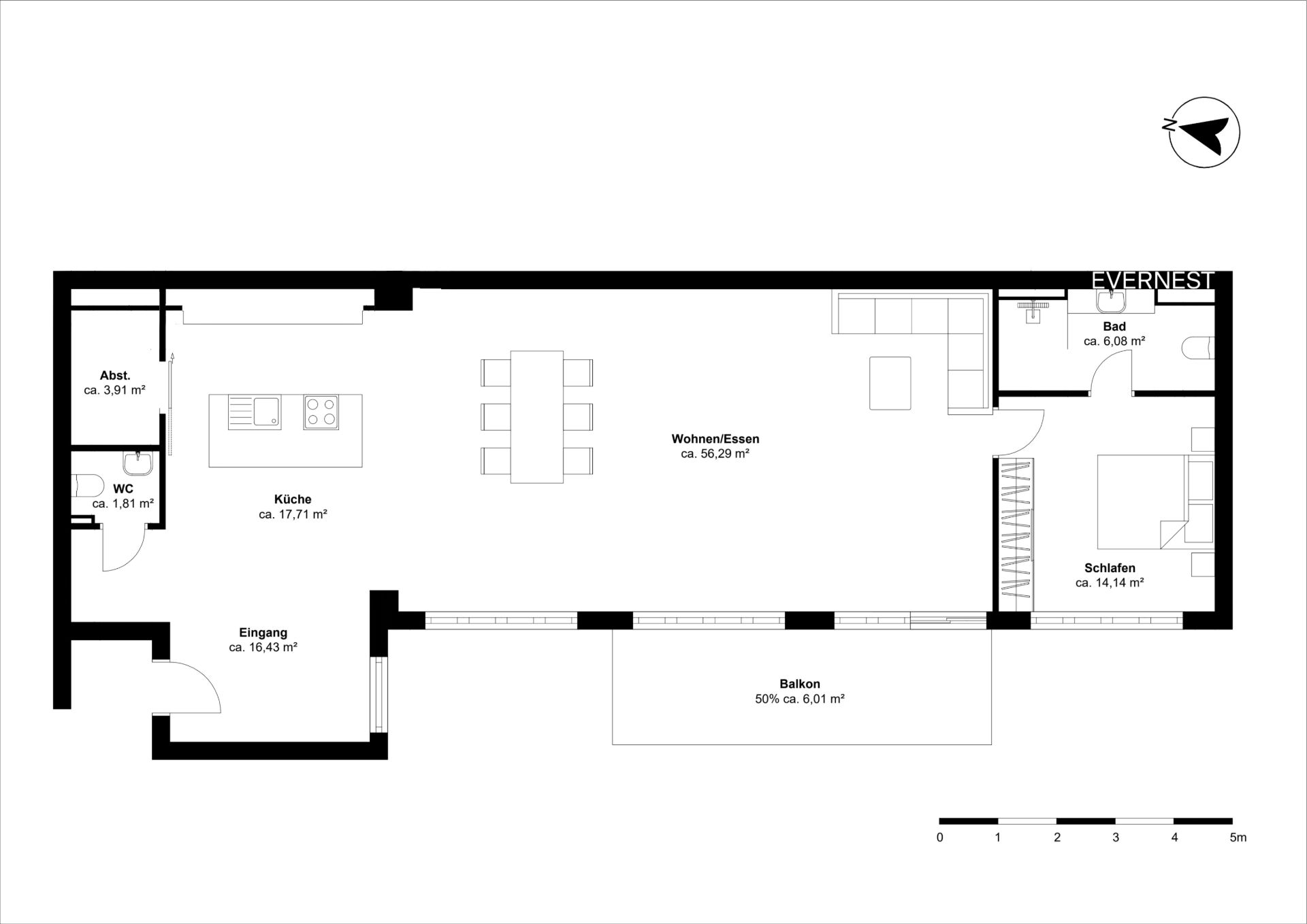 Grundriss einer Wohnung mit Küche, Wohnzimmer, Bad, Schlafzimmer, WC, Abstellraum und Balkon.