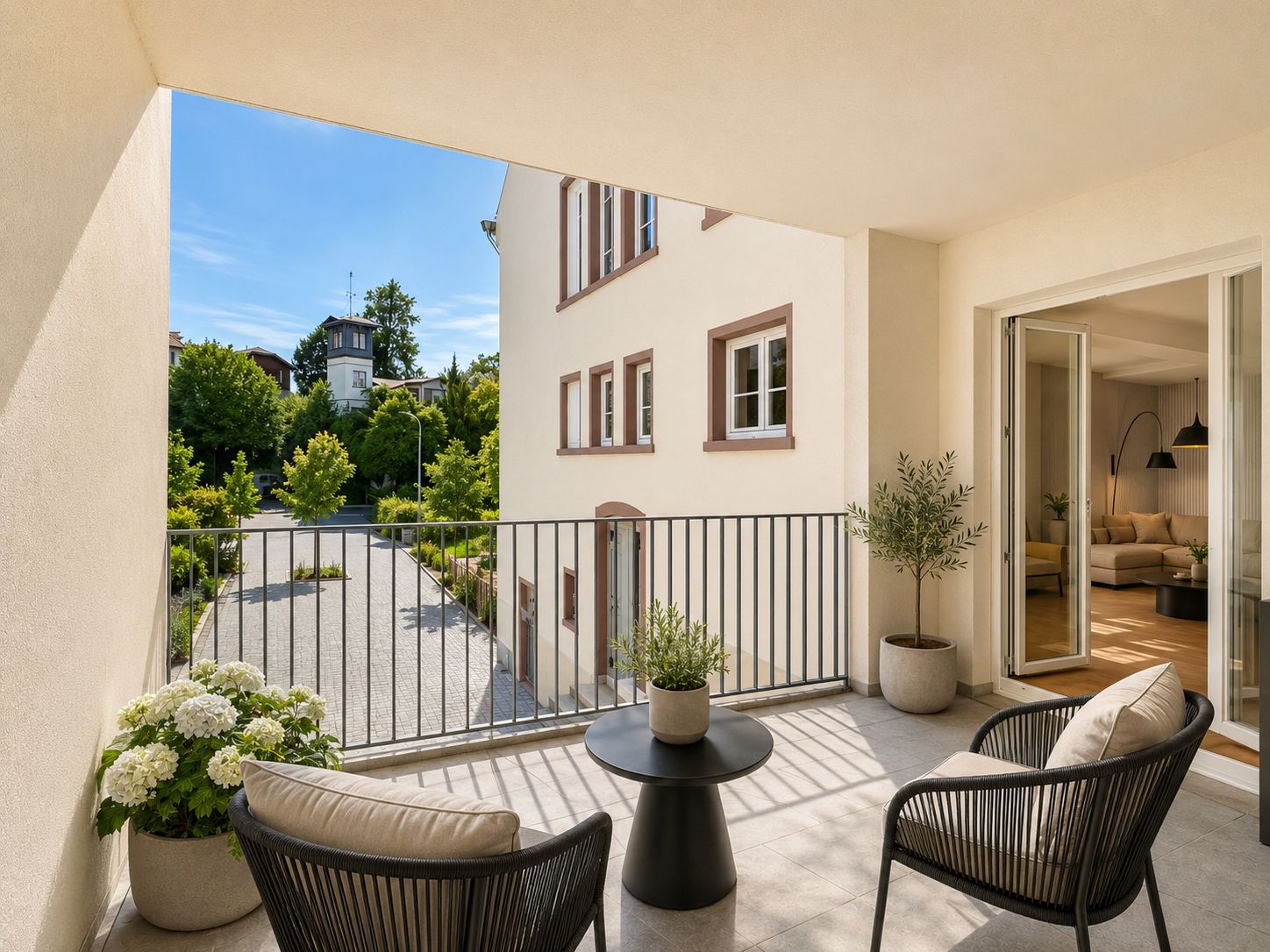 Balkon mit zwei Stühlen, Tisch und Pflanzen, Blick auf Garten und Nachbargebäude.