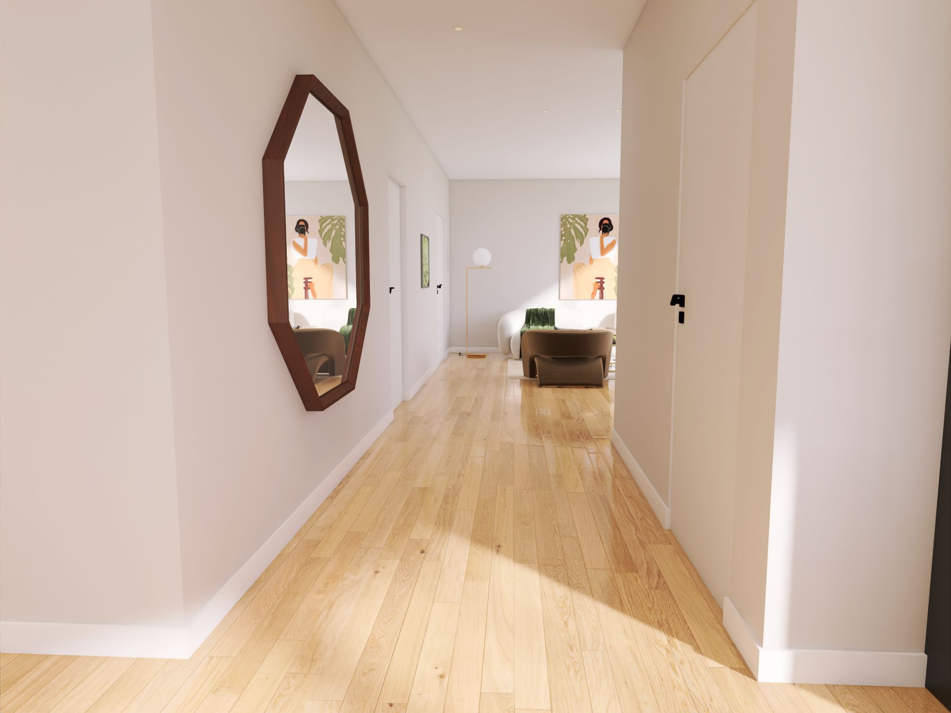 Heller Flur mit Holzboden, großem Wandspiegel und Blick ins Wohnzimmer.