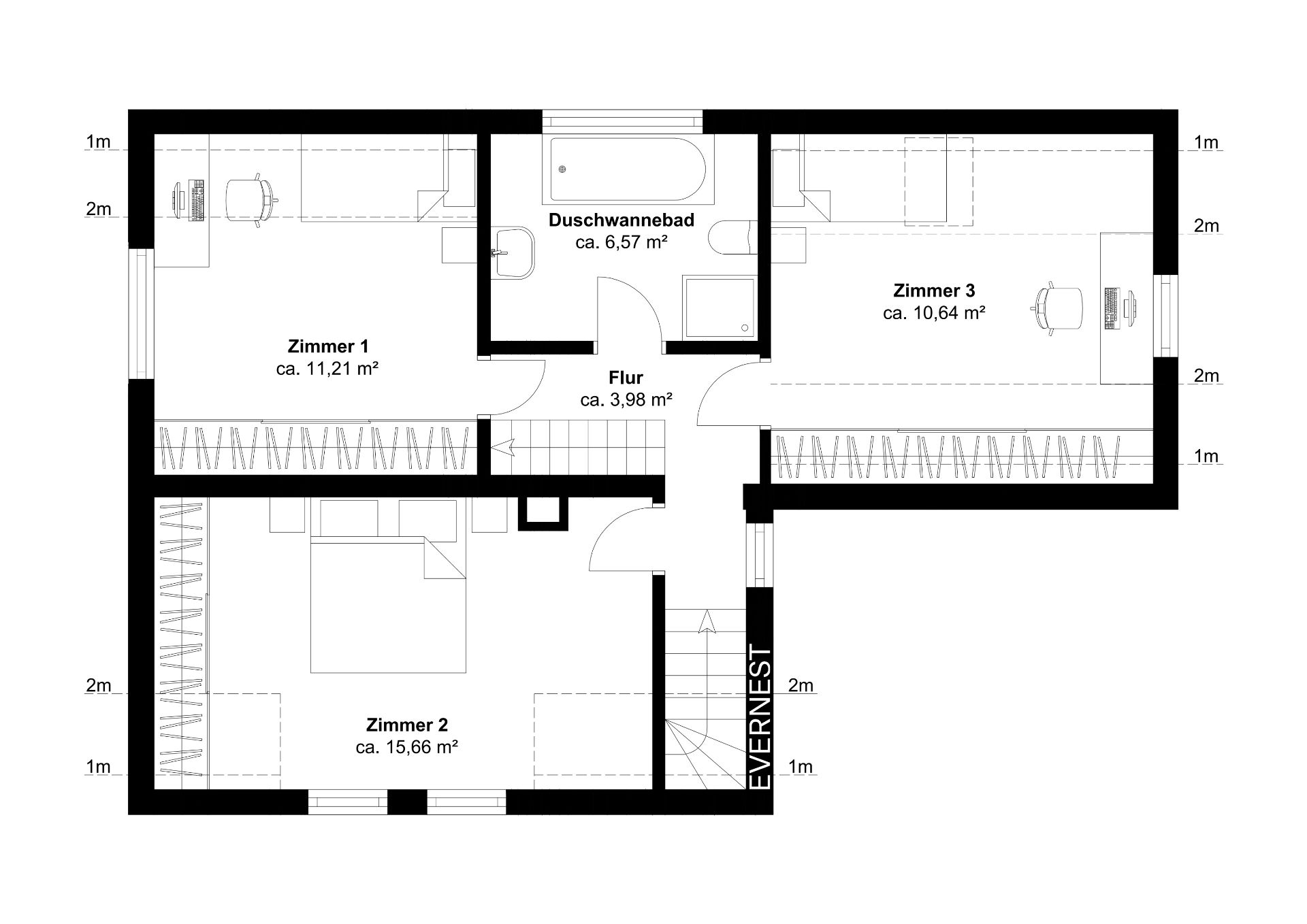 Grundriss mit drei Zimmern, Flur und Duschwannenbad, jeweils beschriftet mit Quadratmetern.