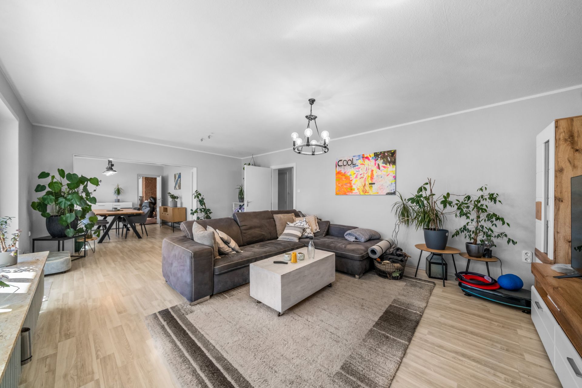 Helles Wohnzimmer mit Ecksofa, Couchtisch, Teppich und mehreren Zimmerpflanzen.