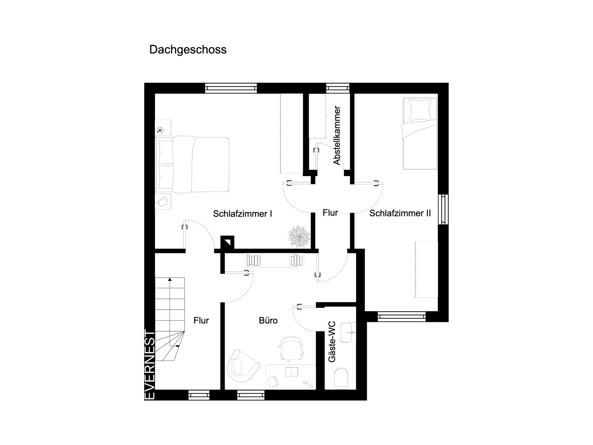 Grundriss des Dachgeschosses mit zwei Schlafzimmern, Büro, Gäste-WC, Abstellkammer und Flur.