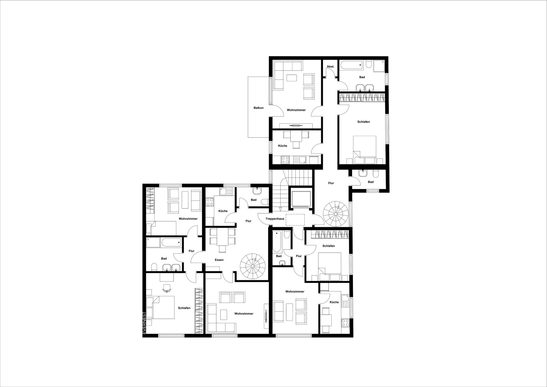 Grundriss eines Wohnhauses mit mehreren Zimmern, Küchen, Bädern und Balkonen.