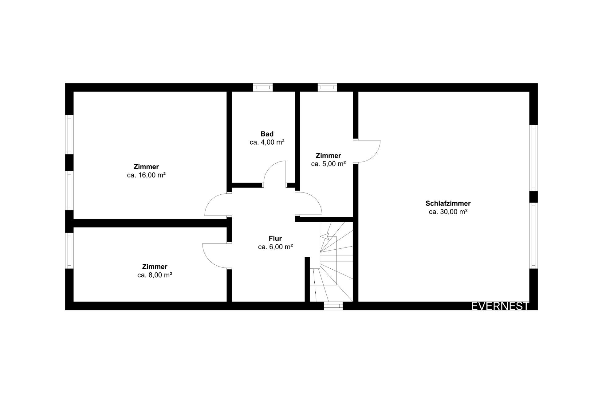 Grundriss mit Flur, Bad, Schlafzimmer und drei weiteren Zimmern, jeweils mit Flächenangaben.