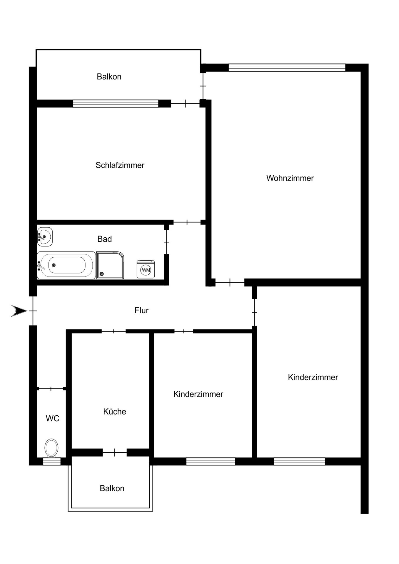 Grundriss einer Wohnung mit Wohnzimmer, Schlafzimmer, zwei Kinderzimmern, Küche, Bad, WC und zwei Balkonen.