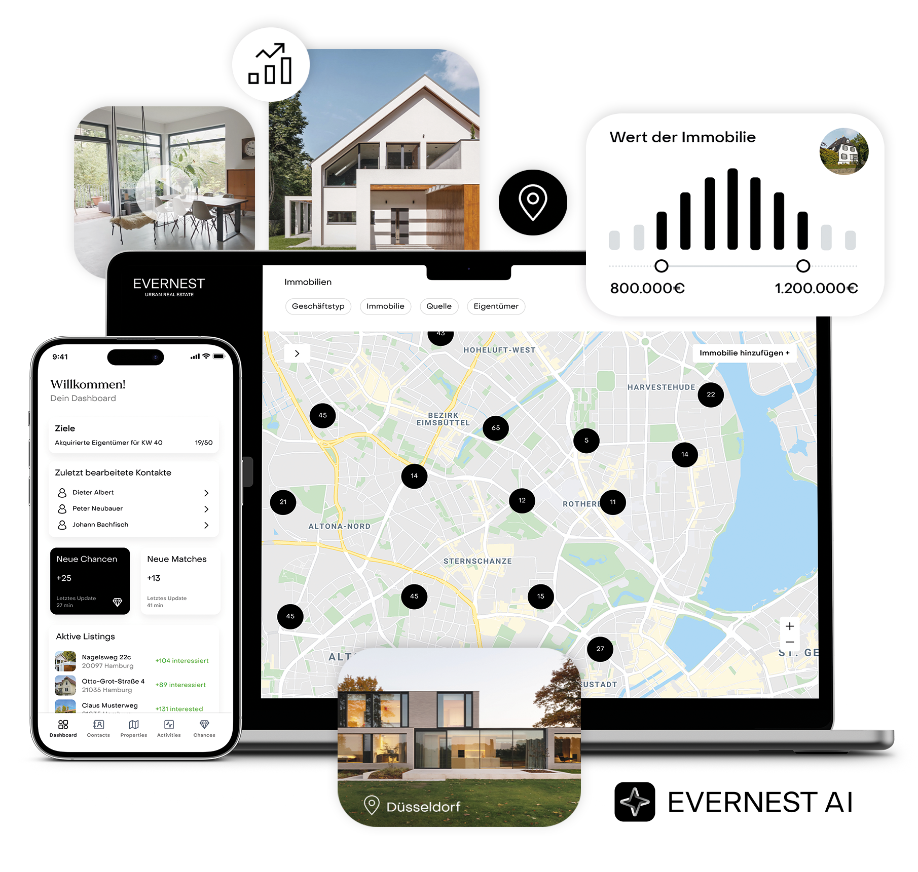 Smartphone und Laptop zeigen Immobilienanzeigen, Kartenansicht und Fotos moderner Häuser.