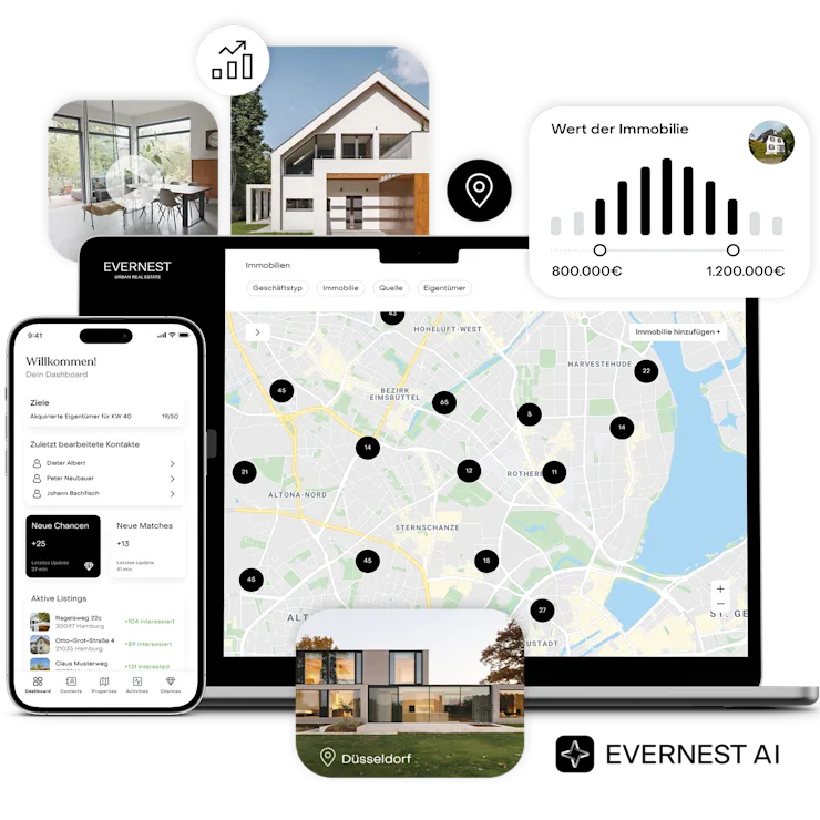 Smartphone und Laptop zeigen Immobilienanzeigen, Kartenansicht und Fotos moderner Häuser.