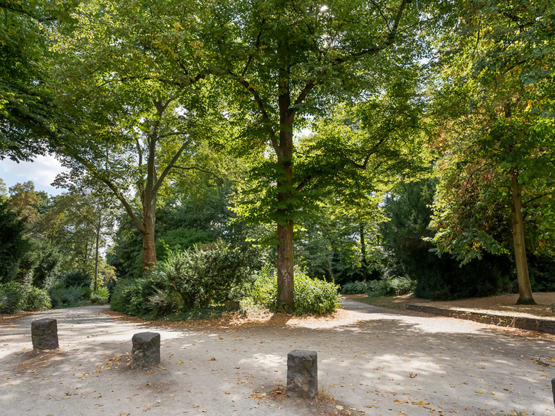 Grüner Parkweg mit Bäumen, Sträuchern und drei Steinen im Vordergrund.