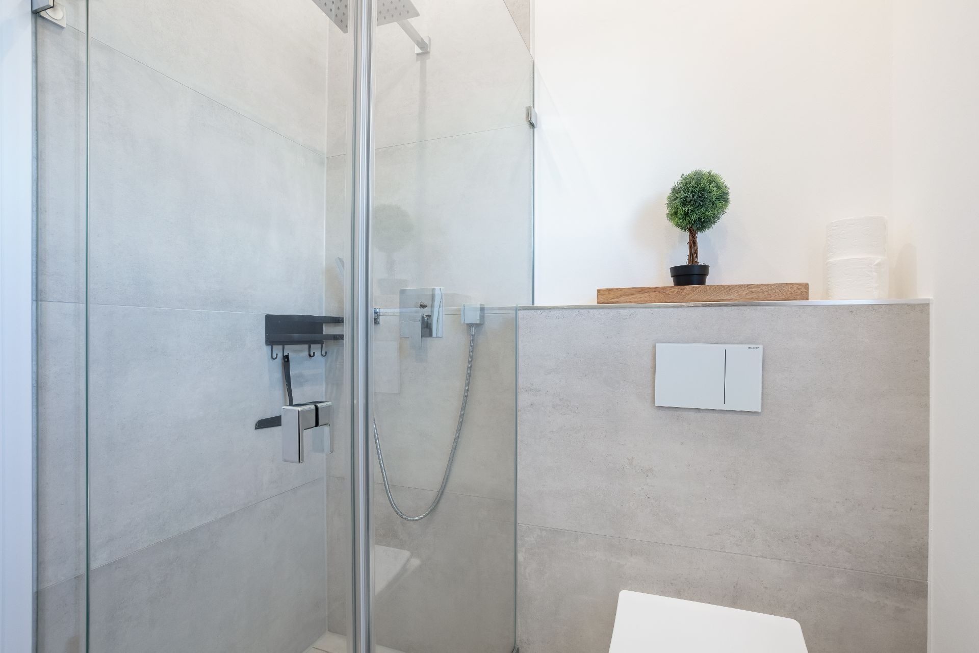 Modernes Badezimmer mit Glasdusche, grauen Fliesen und einer kleinen Pflanze auf dem Regal.