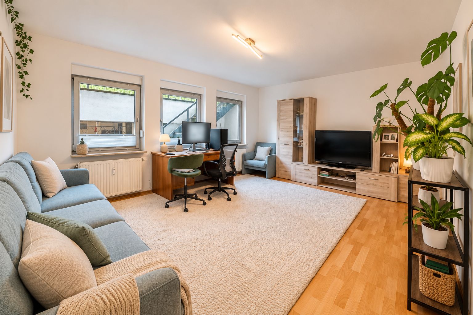 Helles Wohnzimmer mit Sofa, Schreibtisch, Fernseher, Regal und mehreren Zimmerpflanzen.