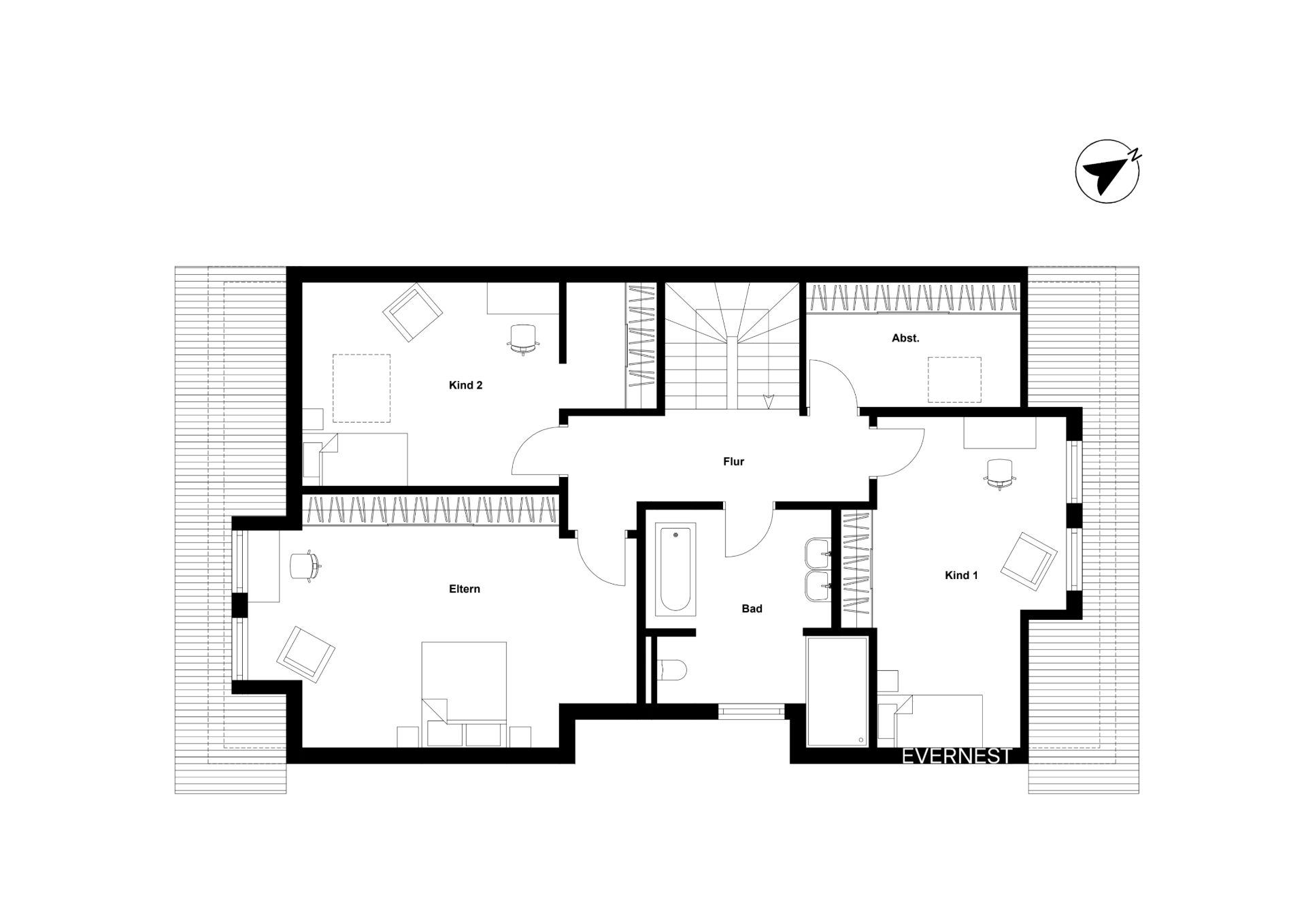 Grundriss mit zwei Kinderzimmern, einem Elternschlafzimmer, Bad, Flur und Abstellraum.