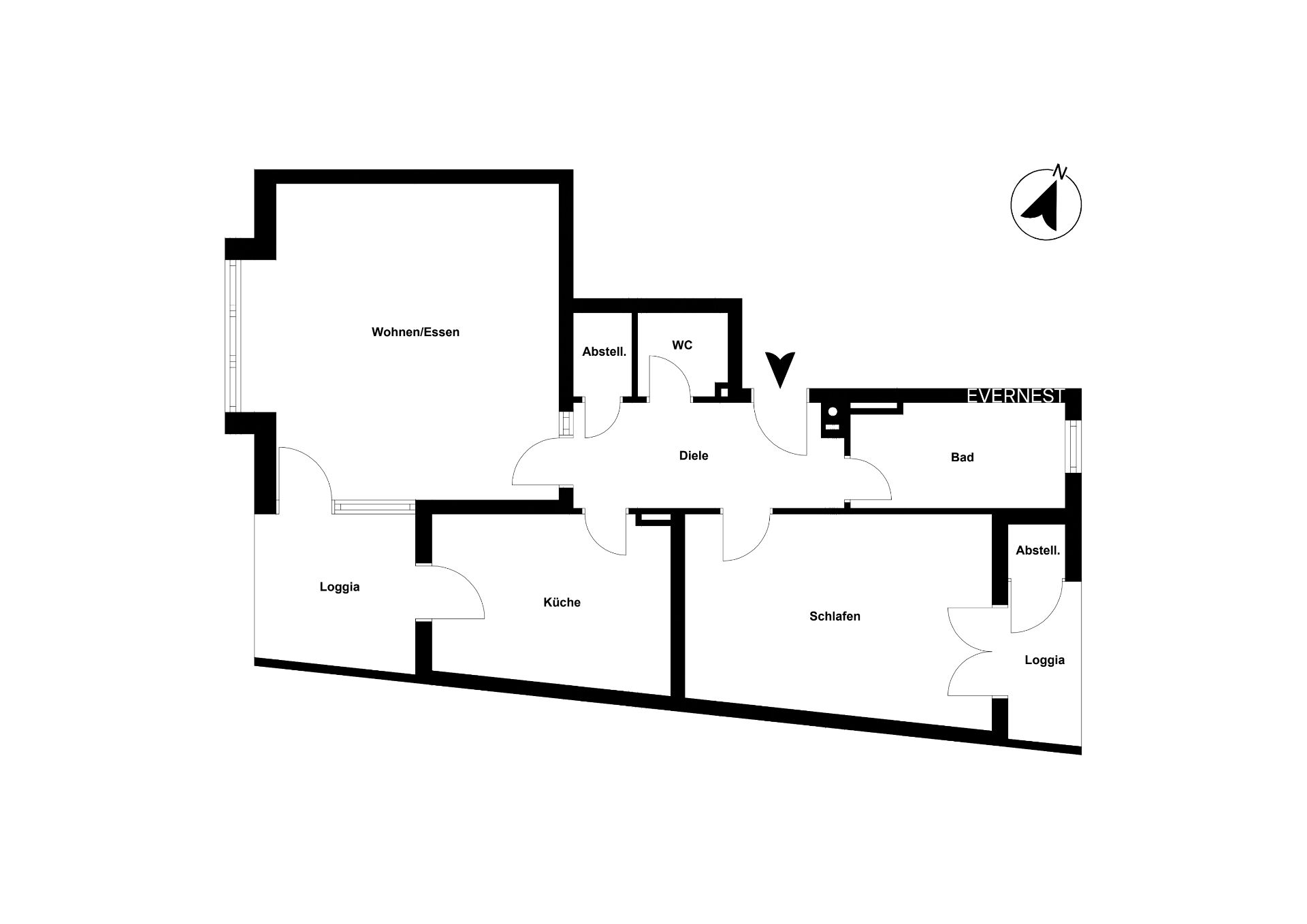 Grundriss einer Wohnung mit Wohnzimmer, Küche, Schlafzimmer, zwei Loggien und Abstellräumen.