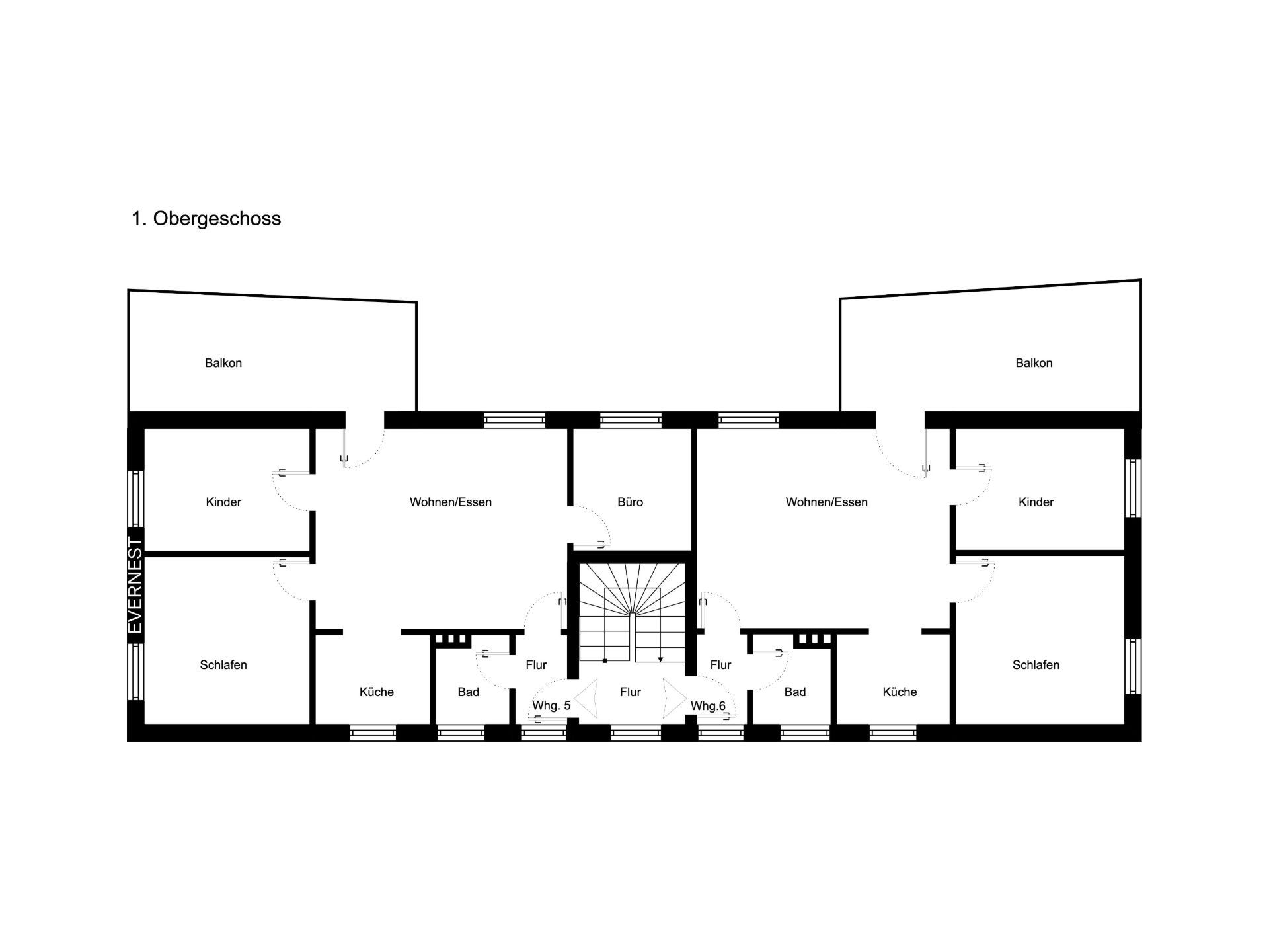Grundriss einer Etage mit Wohn-, Schlaf-, Kinderzimmern, Küche, Bad, Büro, Flur und zwei Balkonen.
