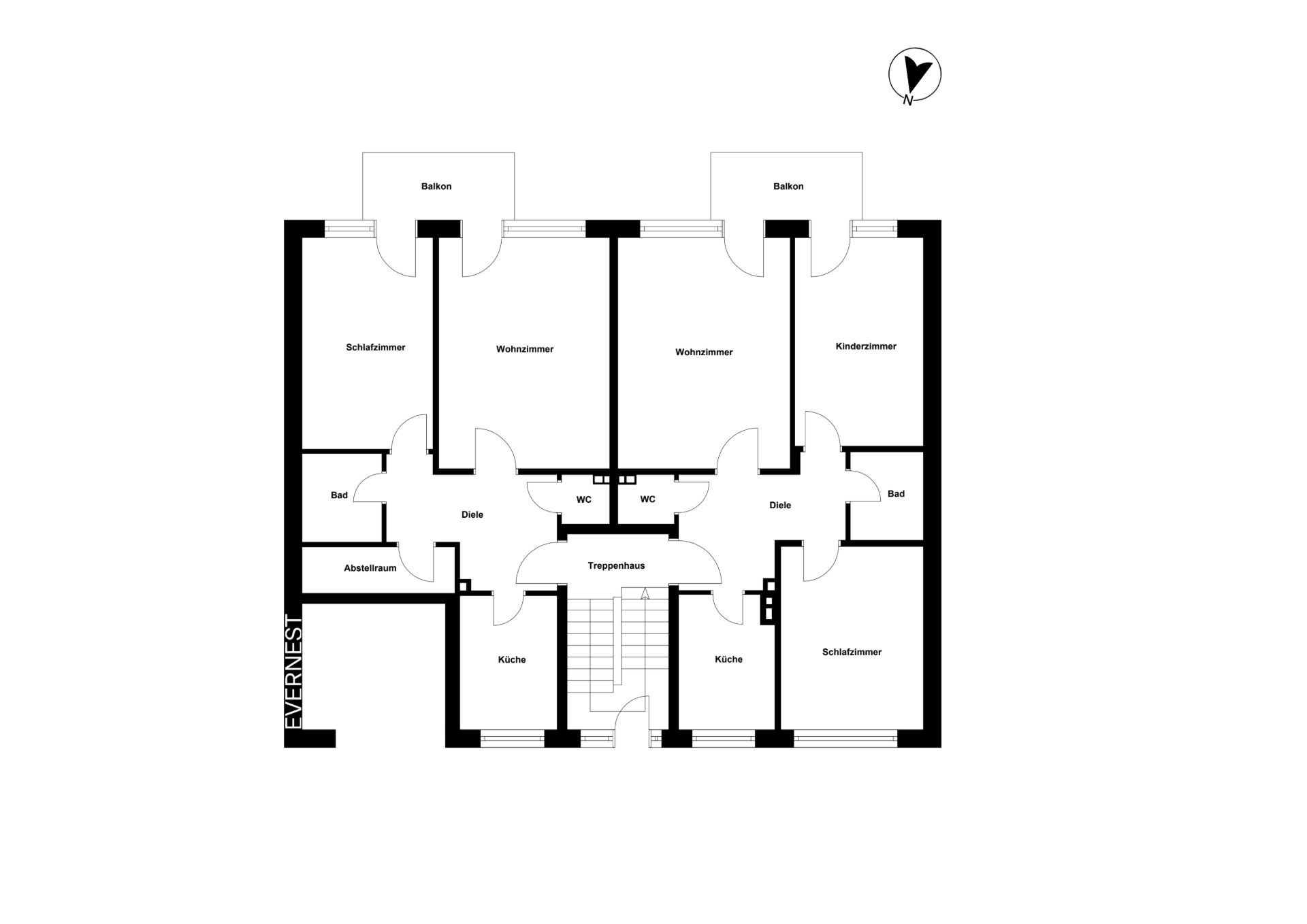 Grundriss einer Wohnung mit Schlafzimmer, Wohnzimmer, Küche, Bad und zwei Balkonen.