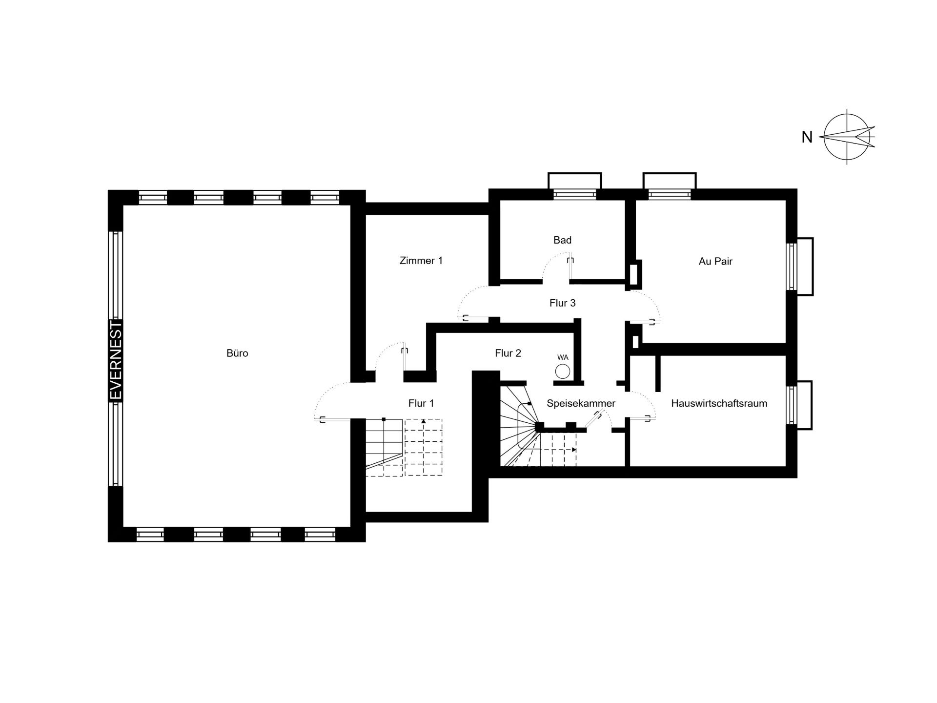 Grundriss mit Büro, Zimmer, Bad, Hauswirtschaftsraum, Speisekammer und Fluren.