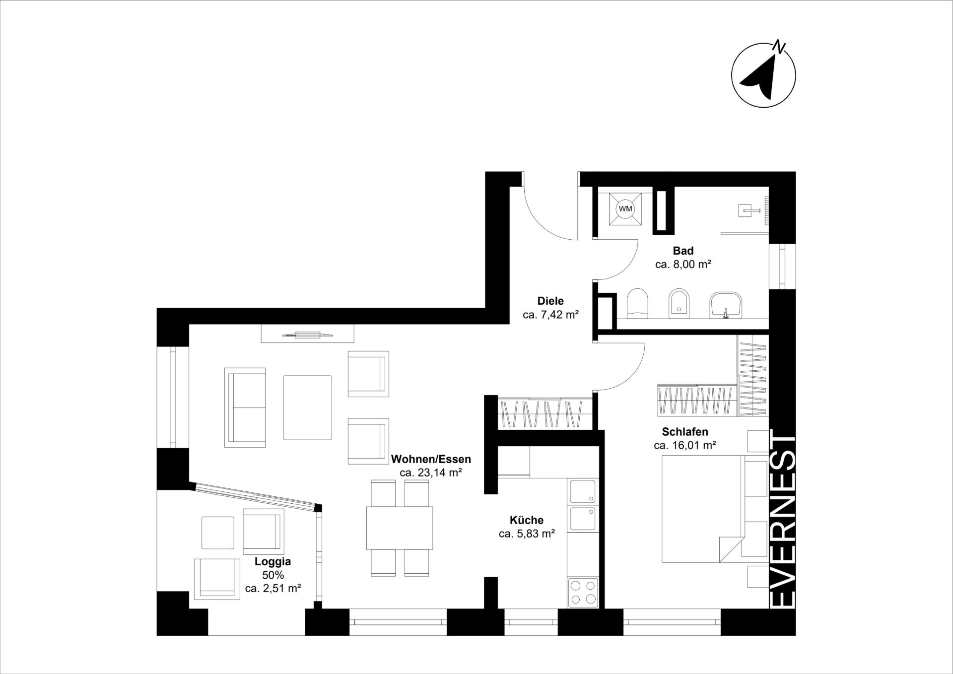 Grundriss einer Wohnung mit Wohnzimmer, Küche, Schlafzimmer, Bad und Loggia.