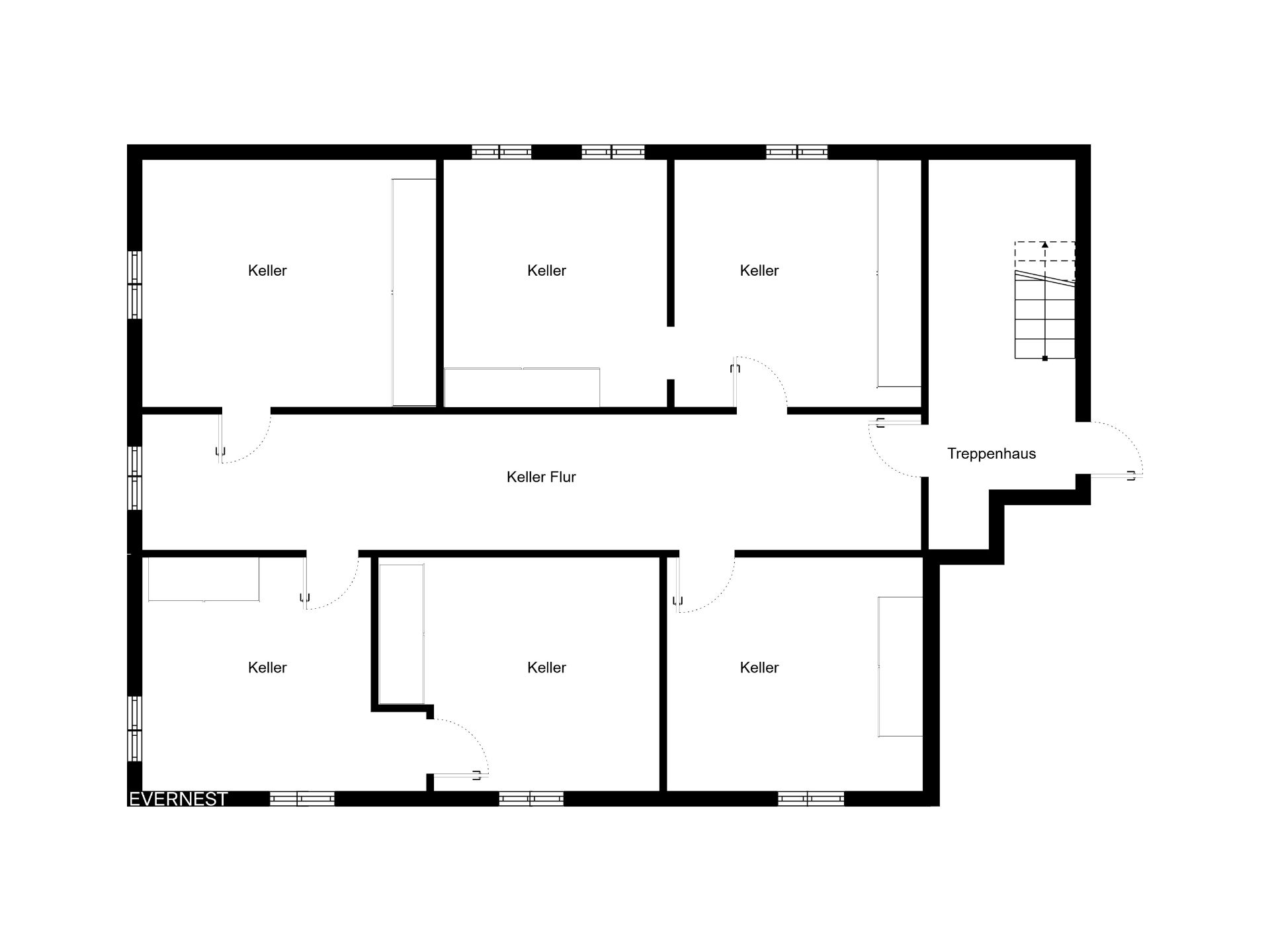 Grundriss eines Kellers mit mehreren Kellerräumen, Flur und Treppenhaus.