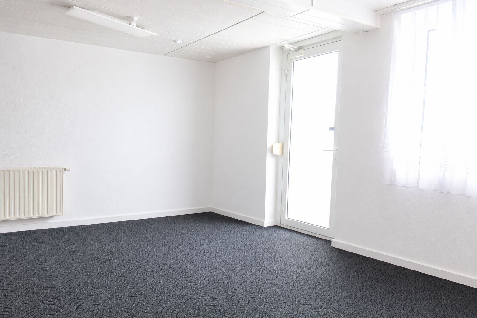 Heller, leerer Raum mit Teppichboden, weißer Wand, Tür und Fenster mit Vorhang.