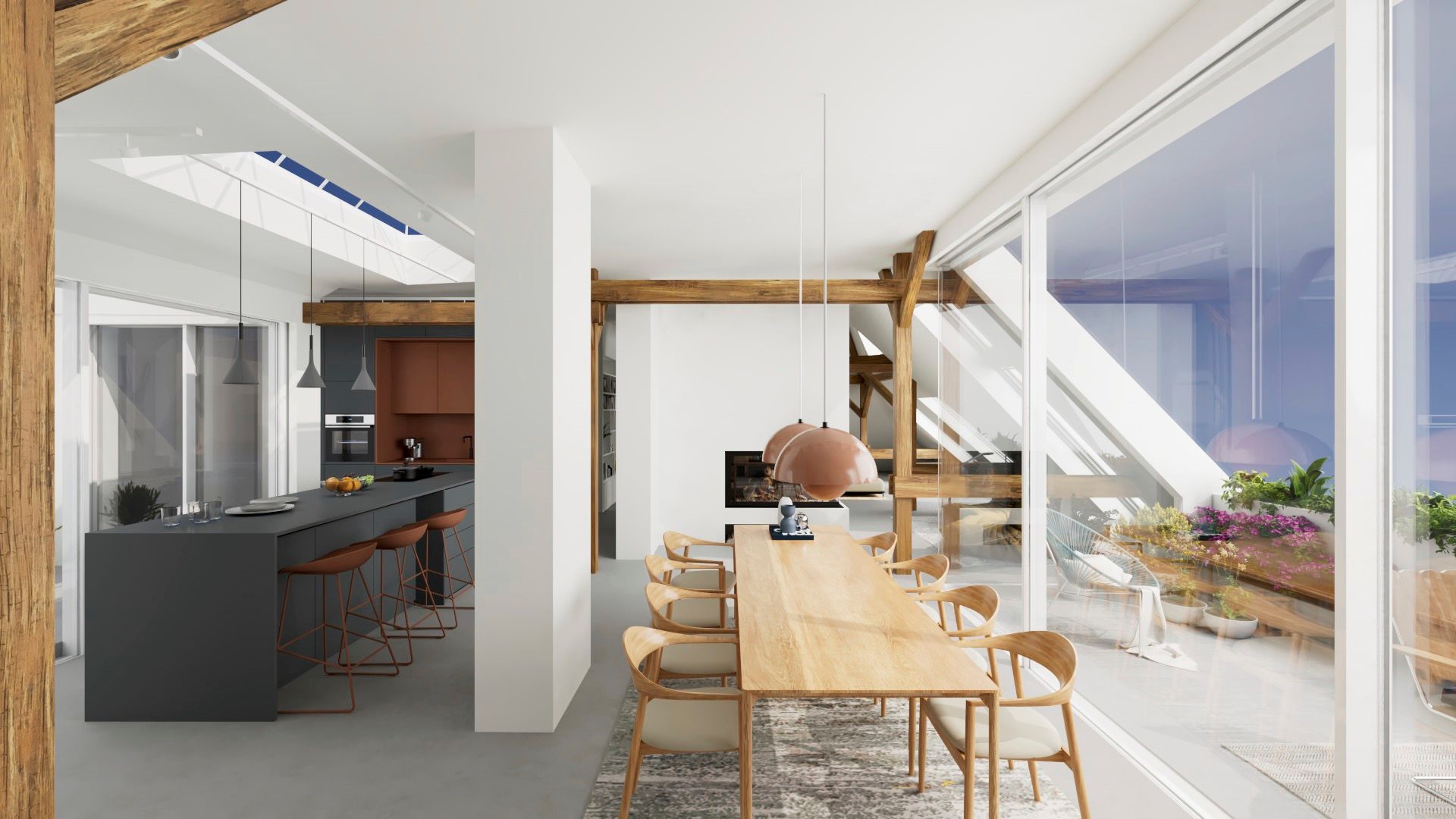 Helles Esszimmer mit Holztisch, Stühlen, großer Fensterfront und angrenzender moderner Küche.