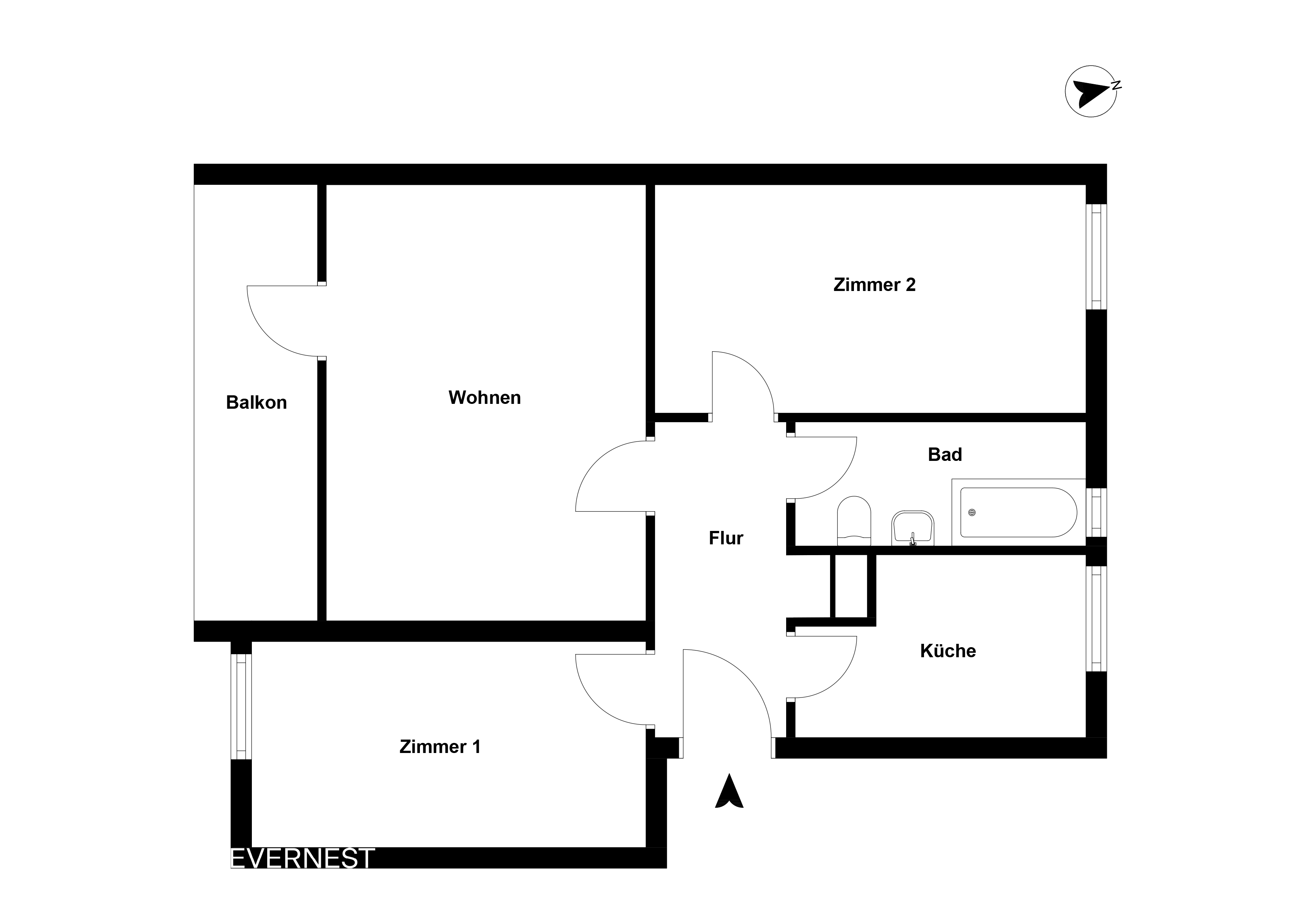 Wohnungsgrundriss mit Balkon, Wohnzimmer, zwei Zimmern, Bad, Küche und Flur.