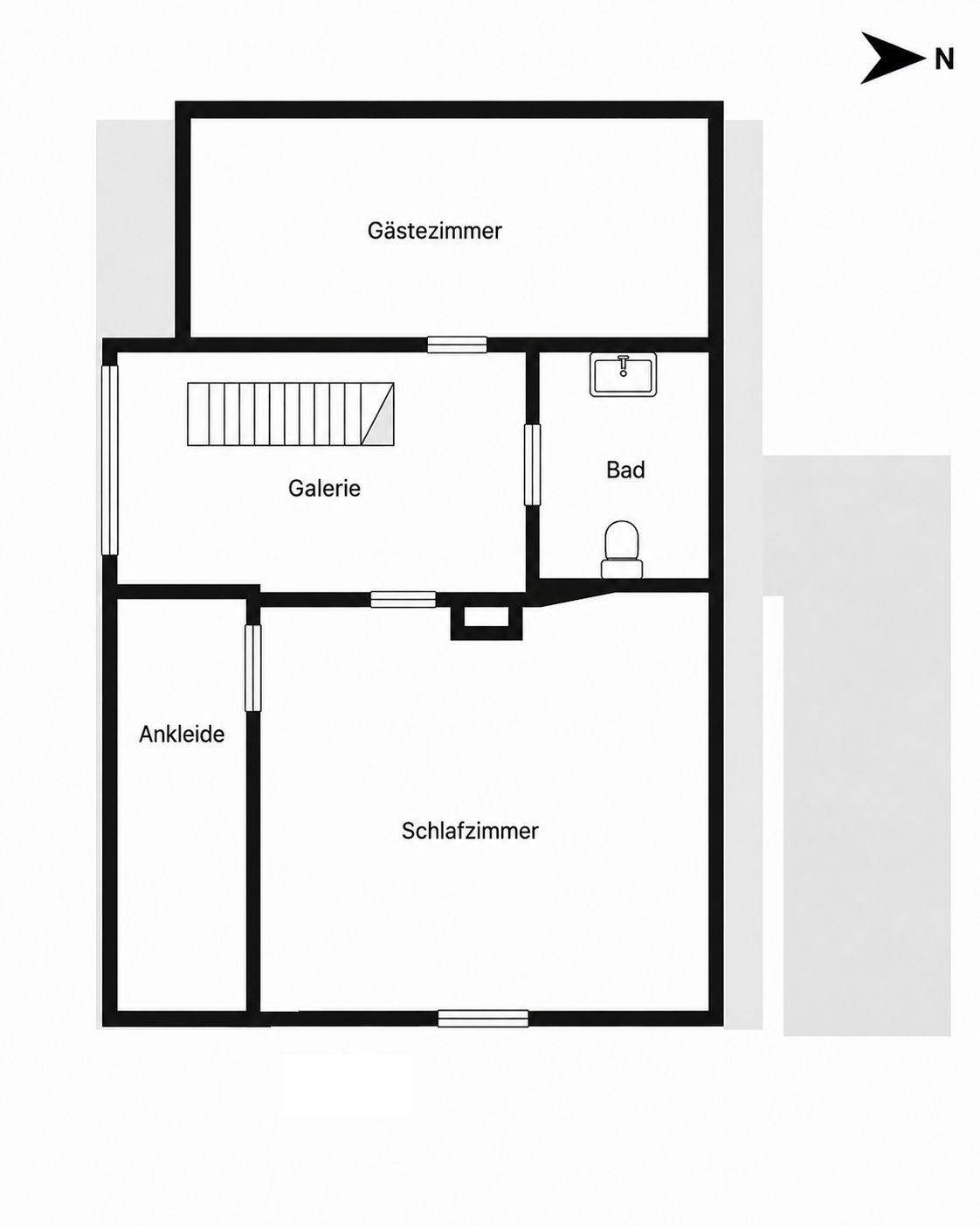 Grundriss mit Gästezimmer, Bad, Galerie, Ankleide und Schlafzimmer.